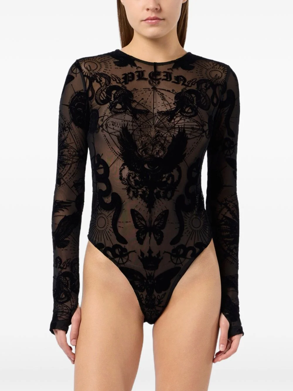 flocked print long-sleeve bodysuit - 1