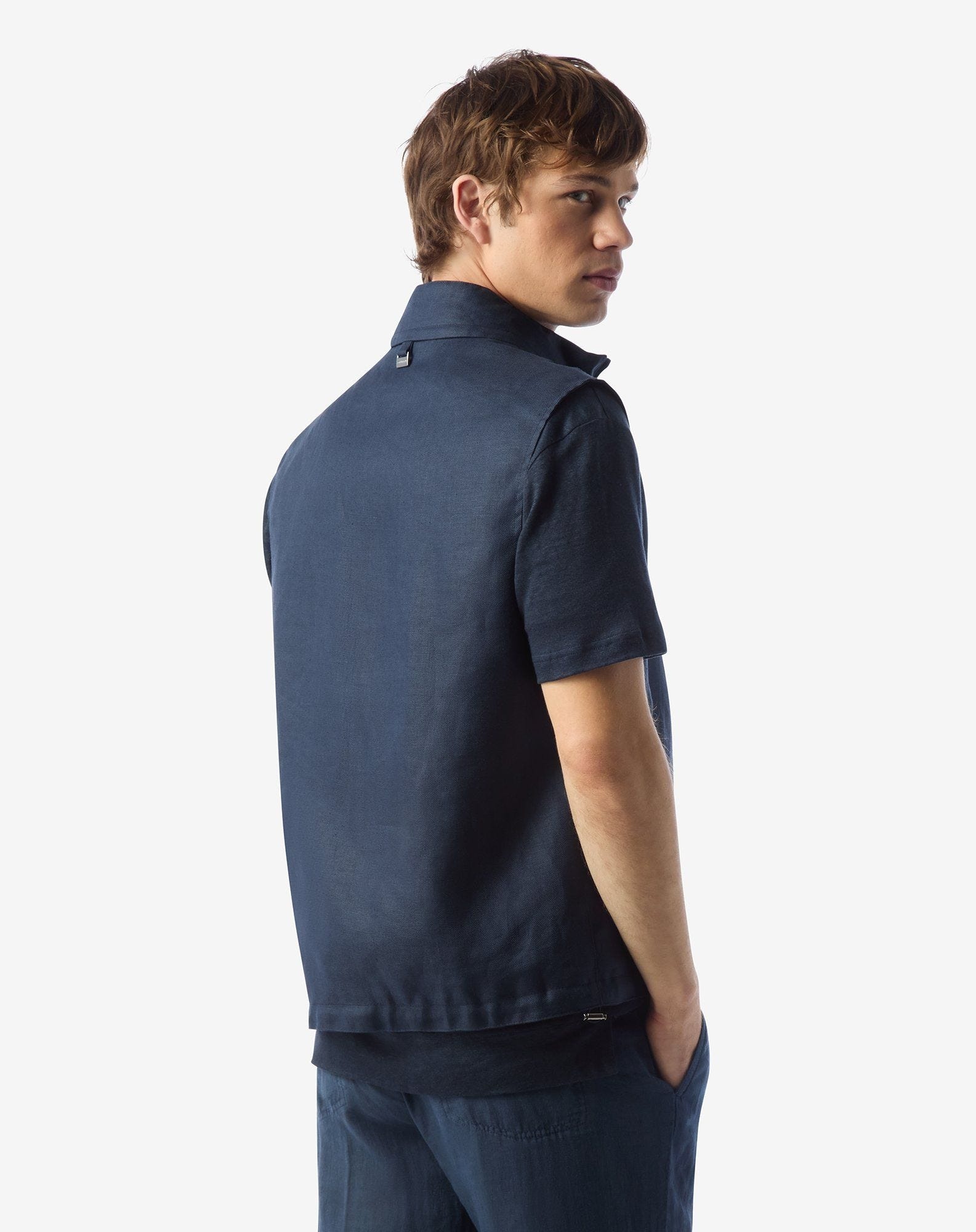 Reversible navy blue pure linen gilet - 3