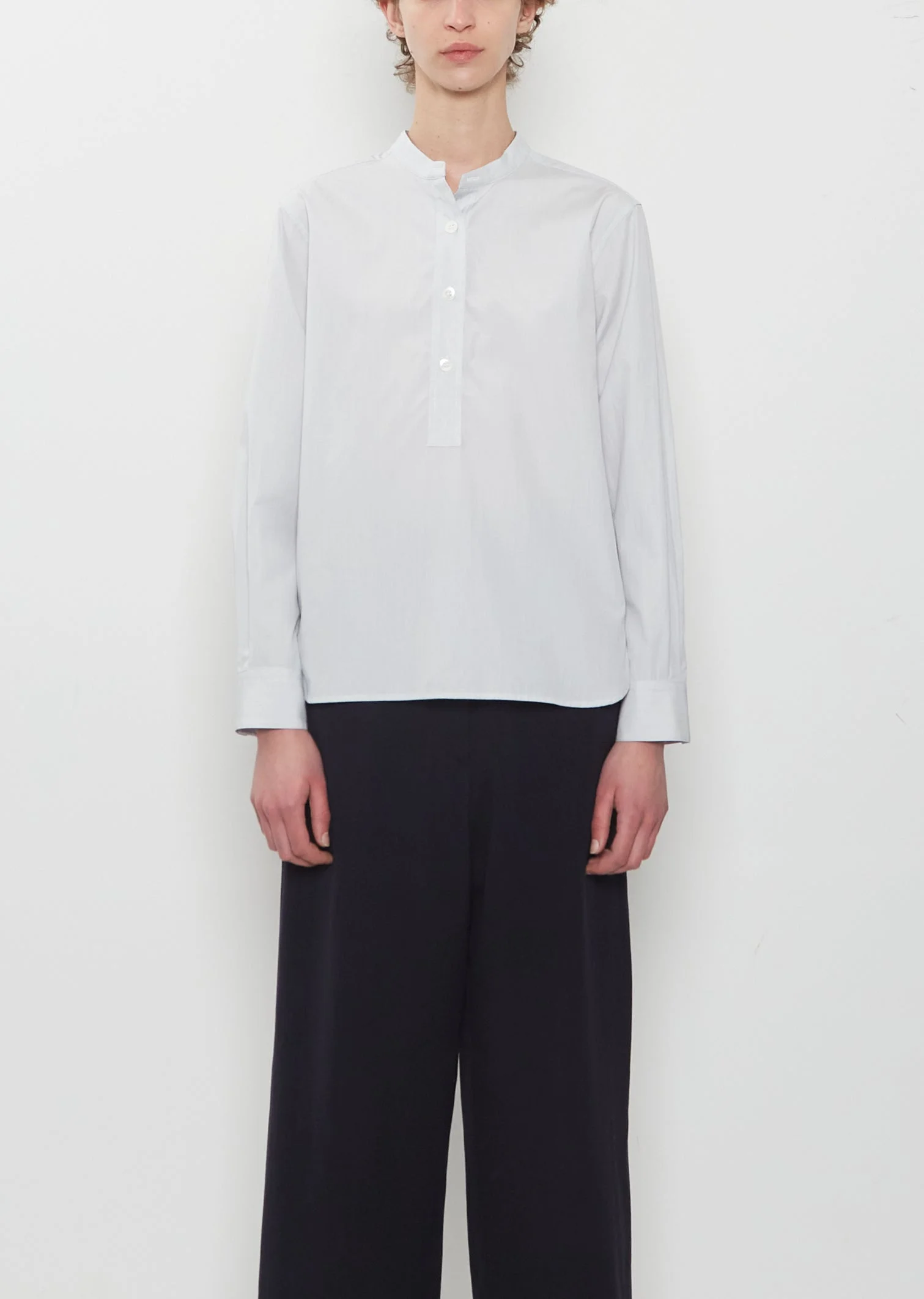 Cotton Micro Stripe Pull On Collarless Shirt - 1