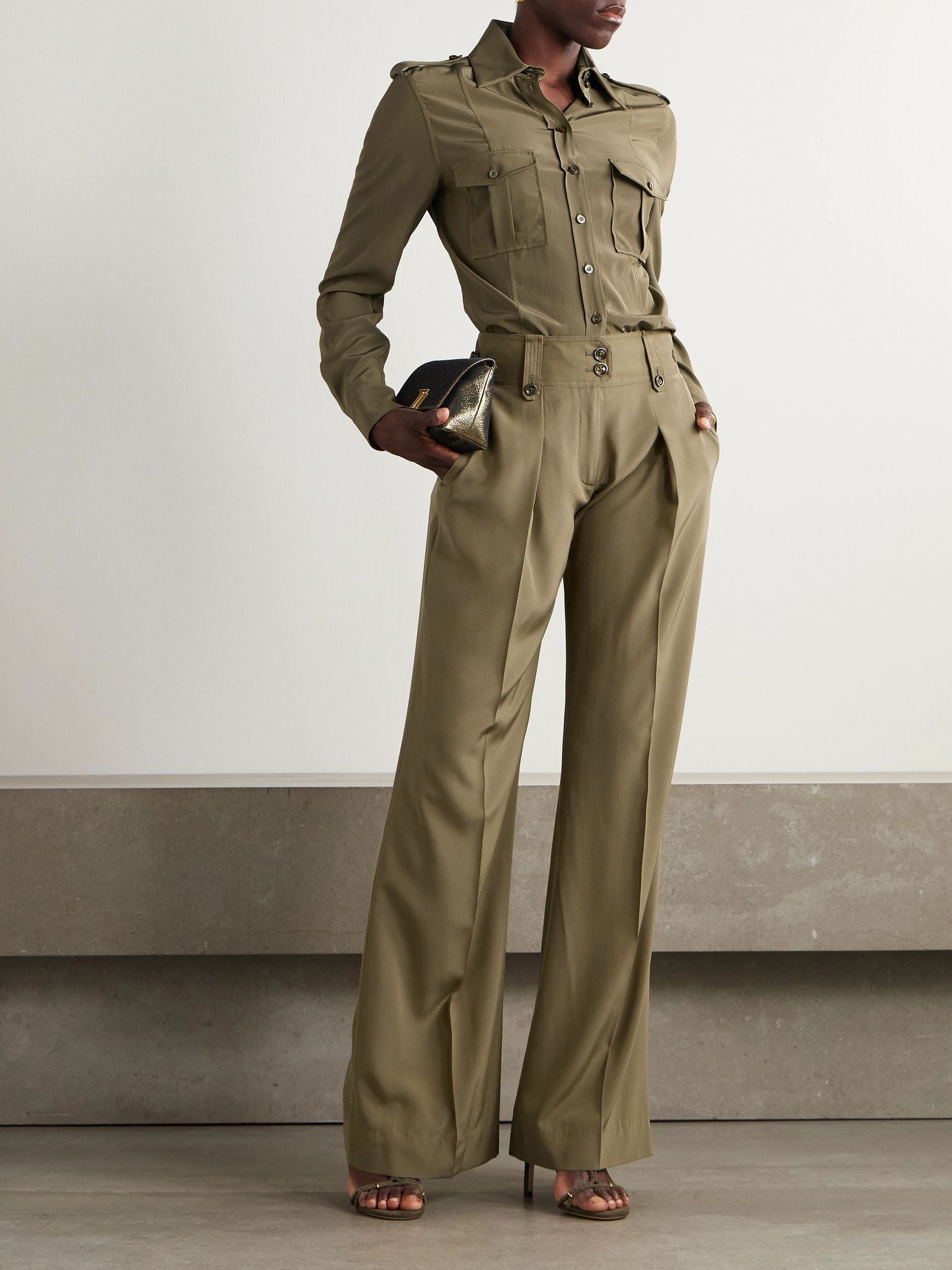 Pleated silk crepe de chine straight-leg pants Green - 2
