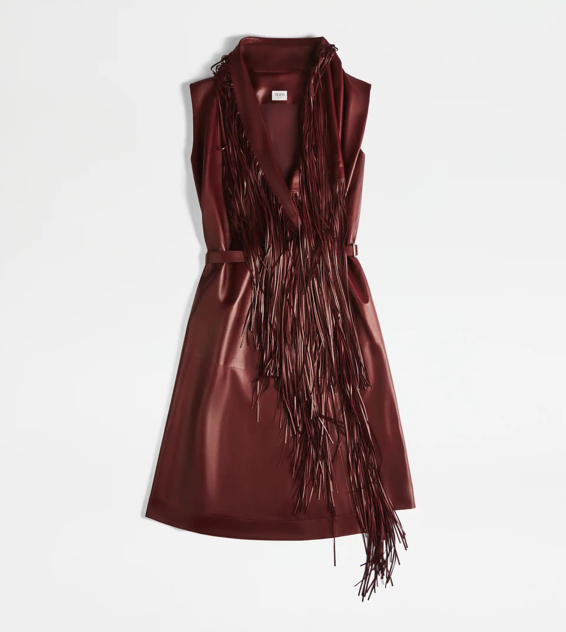DRESS IN NAPPA LEATHER WITH FRINGES - BURGUNDY - 7
