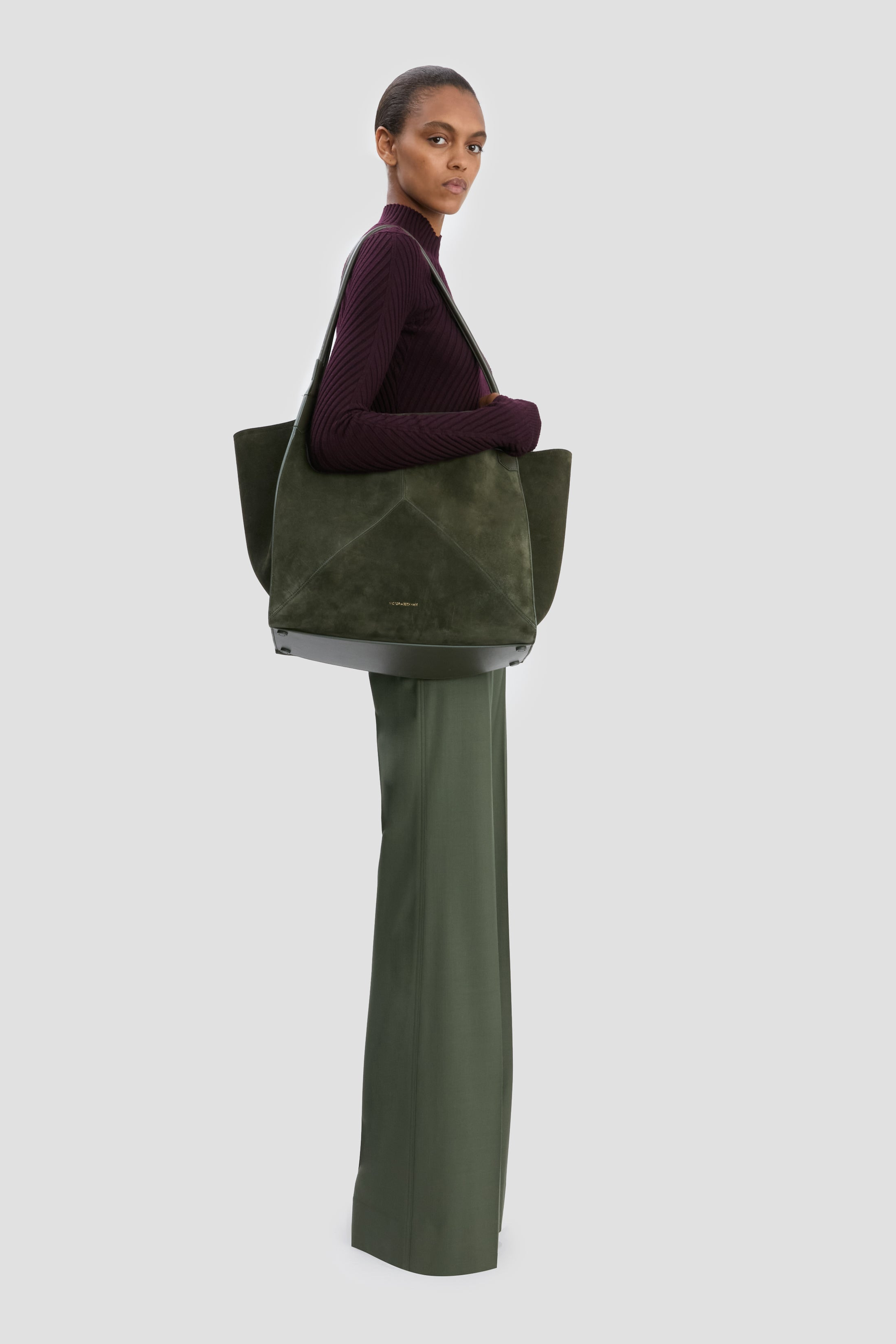Large Victoria Tote In Dark Olive Suede - 3