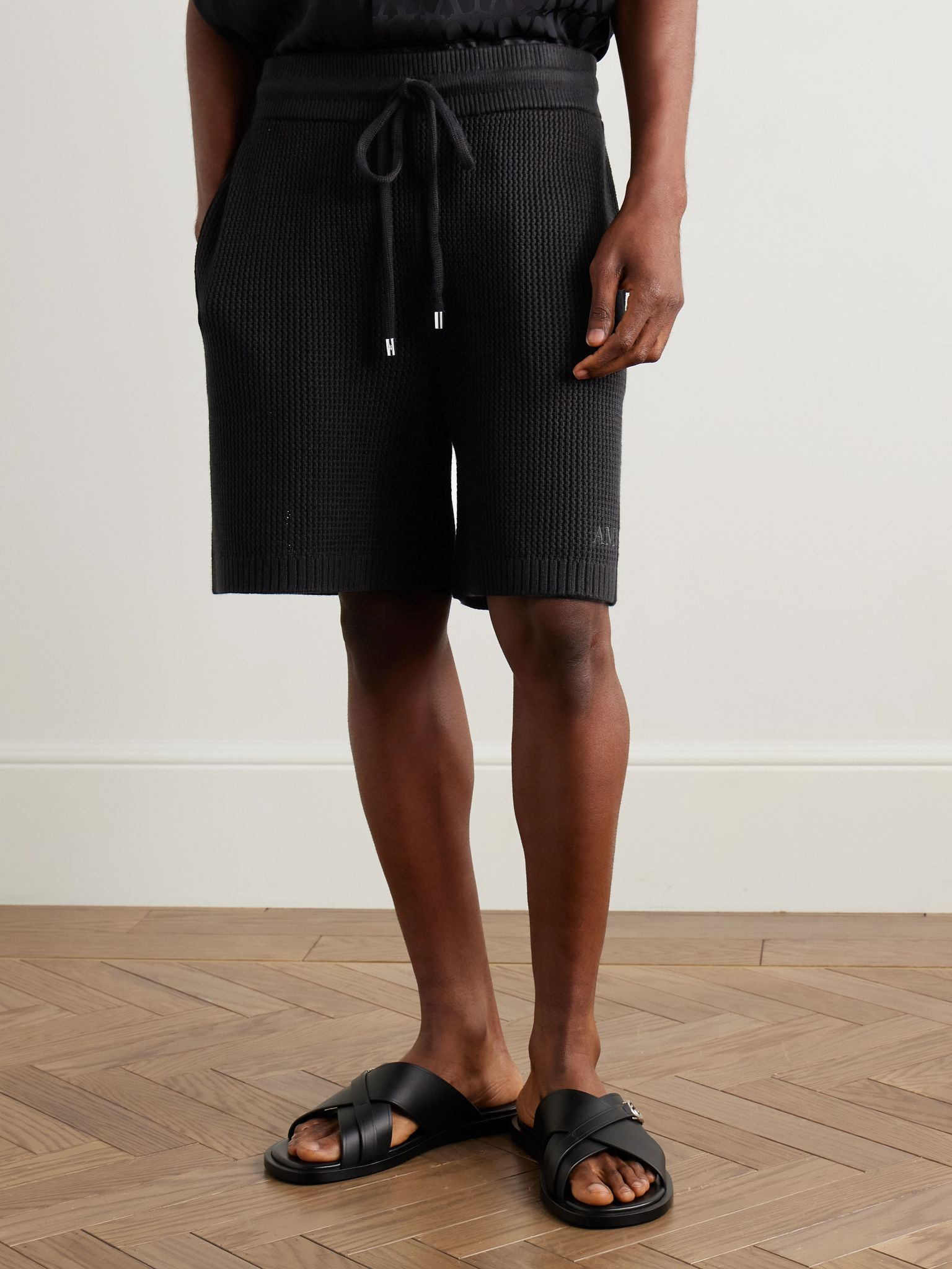 Straight-Leg Logo-Embroidered Crocheted Cotton Drawstring Shorts Black - 3