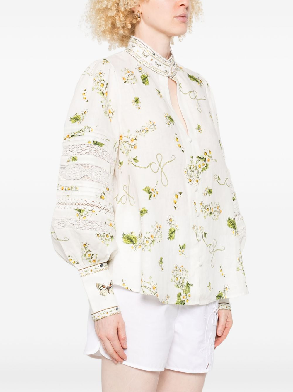 floral-print linen shirt - 3