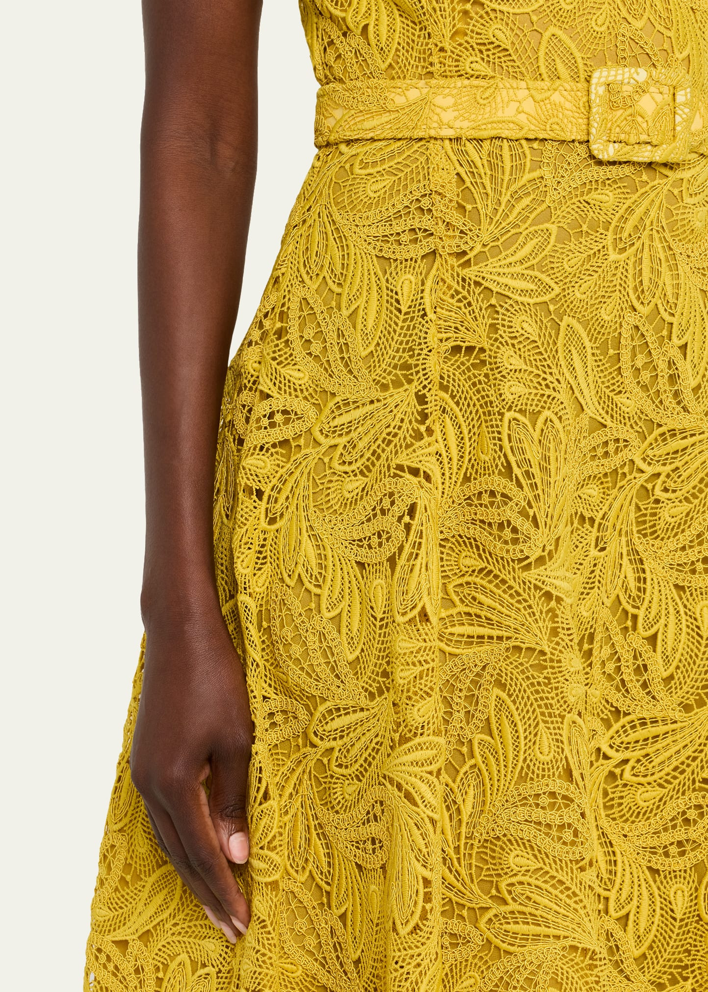 Sleeveless Feather Scroll Guipure Midi Day Dress With Belt - 5