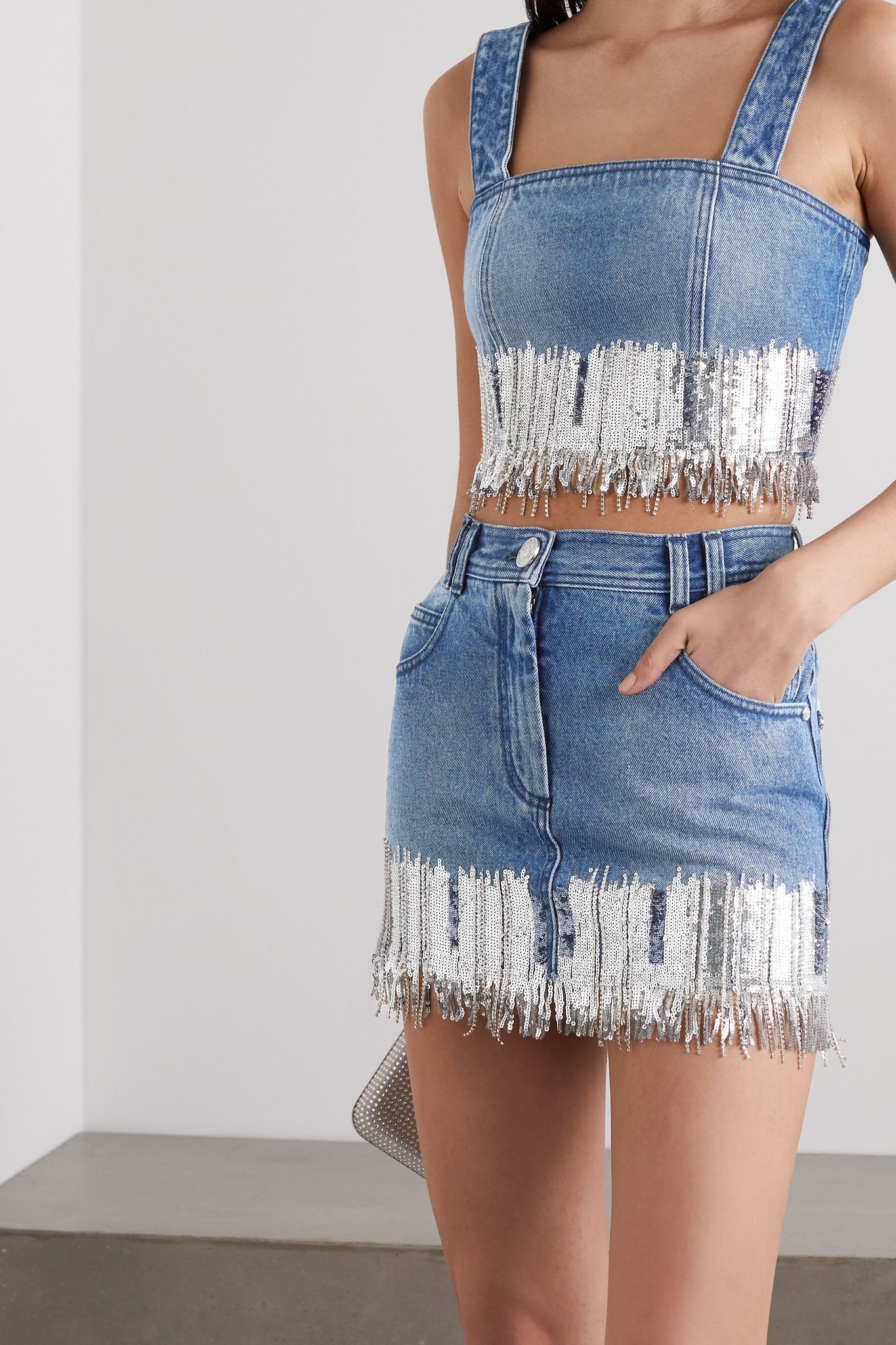 Fringed sequined denim mini skirt - 3