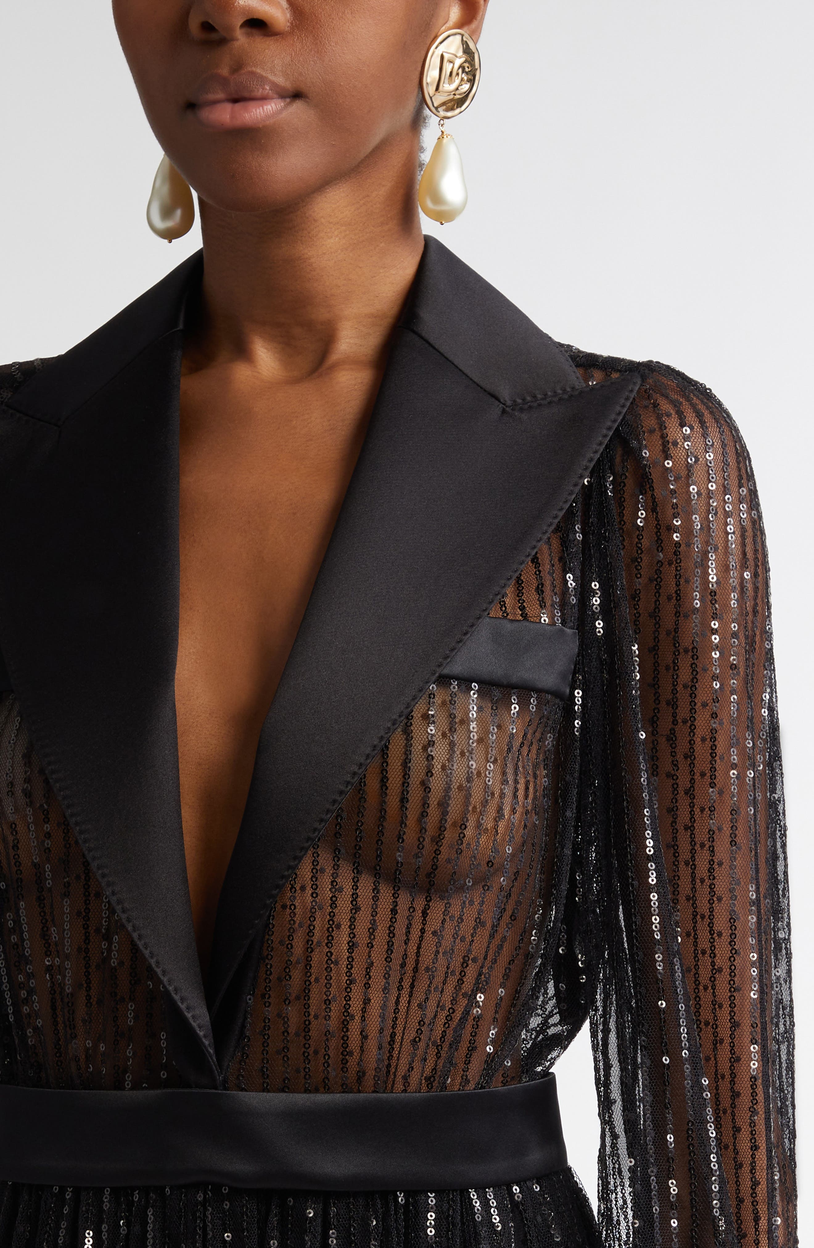 Dolce&Gabbana Sequin Sheer Long Sleeve Blazer Midi Dress in N0000 Nero at Nordstrom - 4