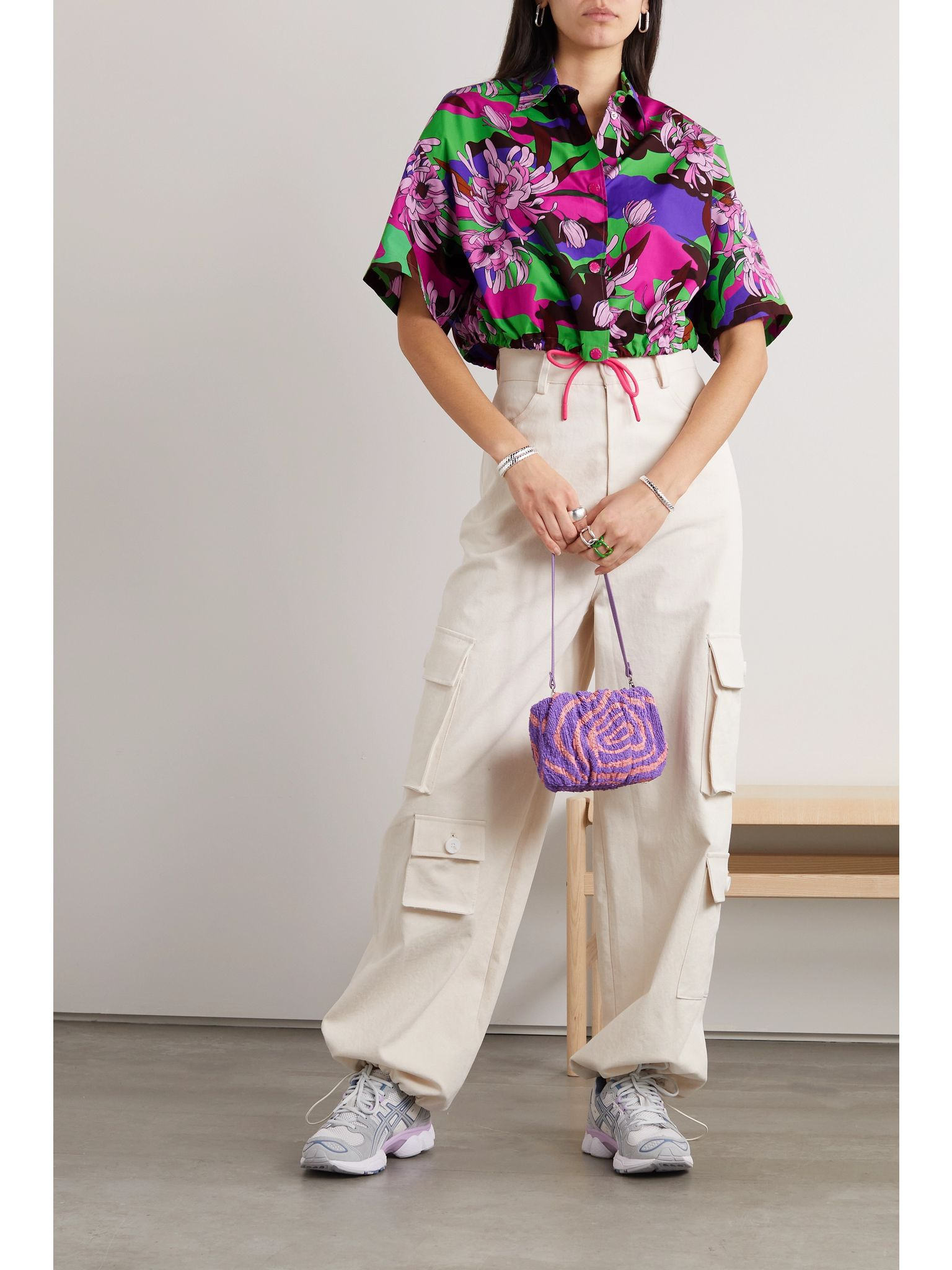 Cropped floral-print cotton-poplin shirt Purple - 2