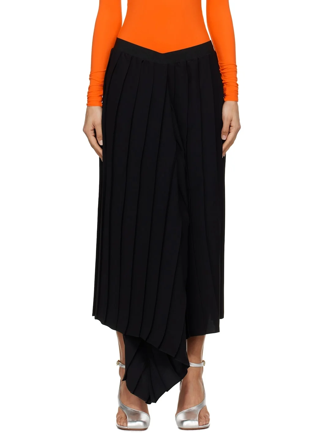 Black Drape Pleated Midi Skirt - 1