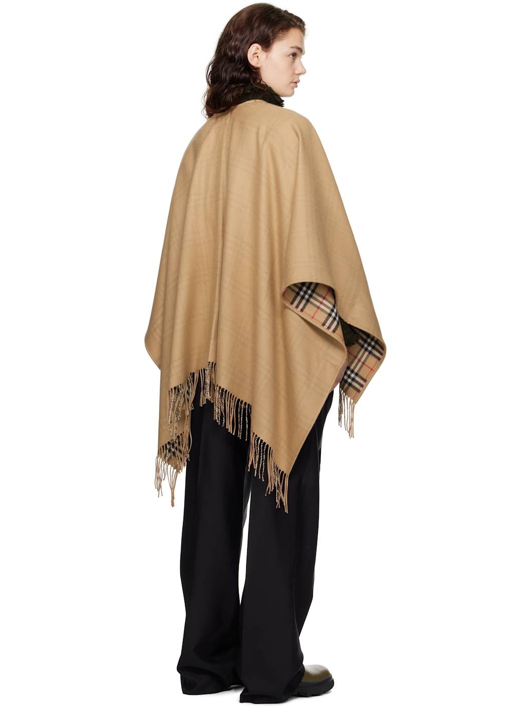 Beige Check Wool Reversible Cape - 3