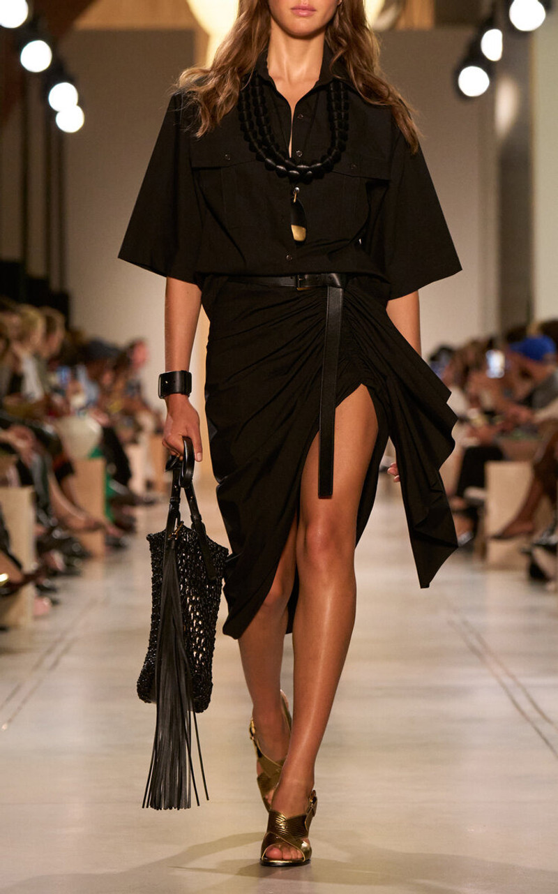 MICHAEL KORS COLLECTION Ruched Washed Cotton-Poplin Pareo Midi Skirt black outlook