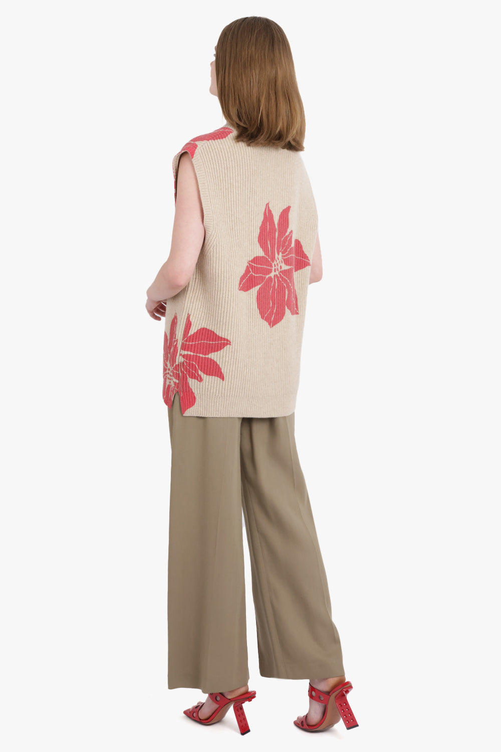 FLORAL PRINT V-NECK VEST KNIT | OATMEAL/RED - 3