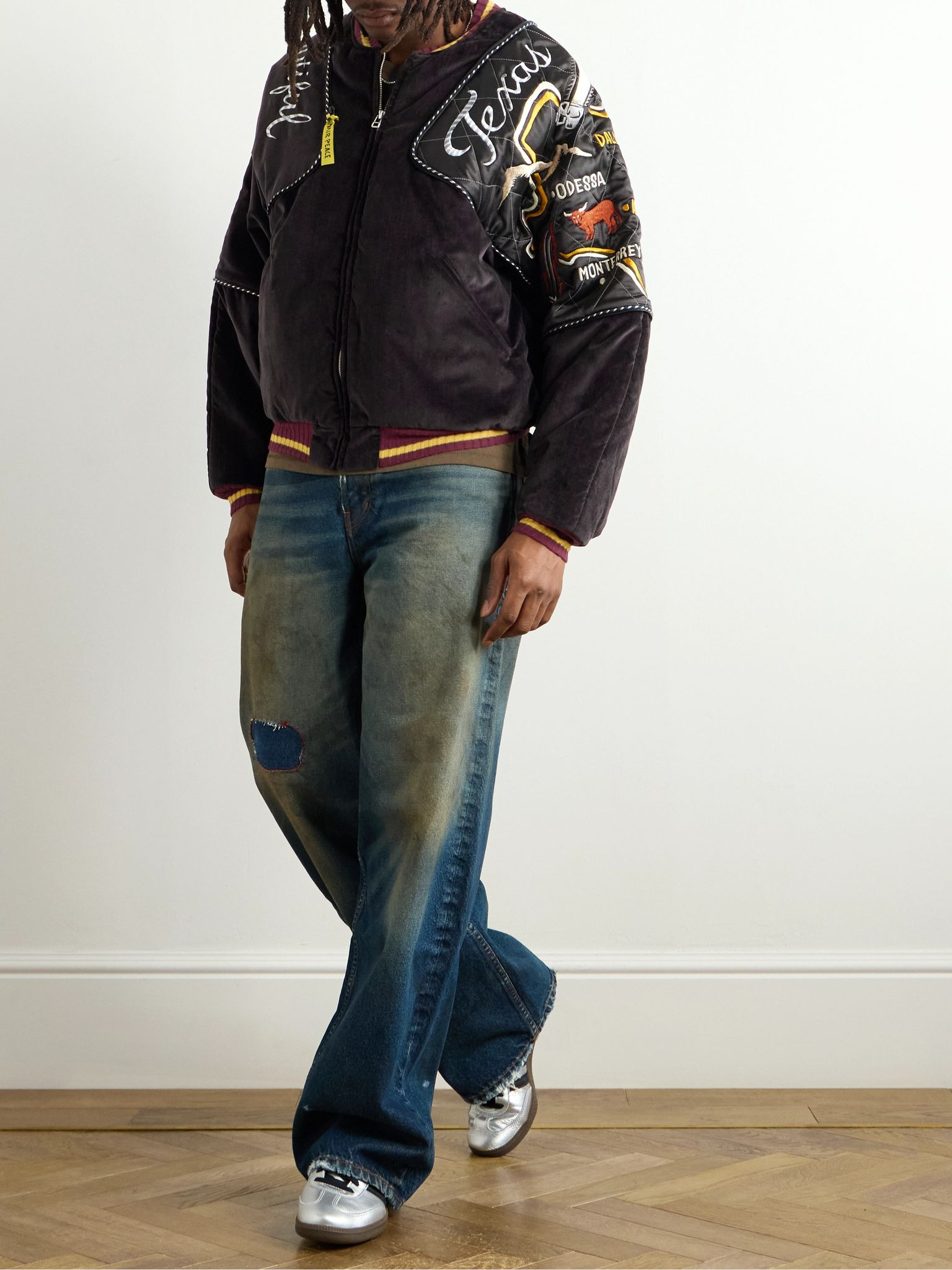 Embroidered Quilted Shell-Trimmed Cotton-Velvet Bomber Jacket Black - 2