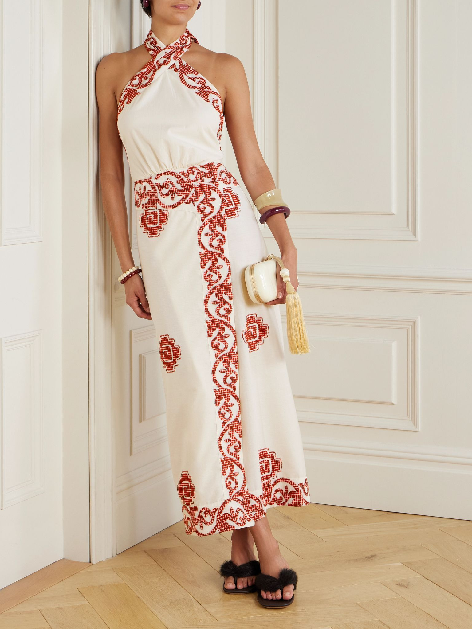 Reinventing embroidered cotton halterneck maxi dress Ecru - 2