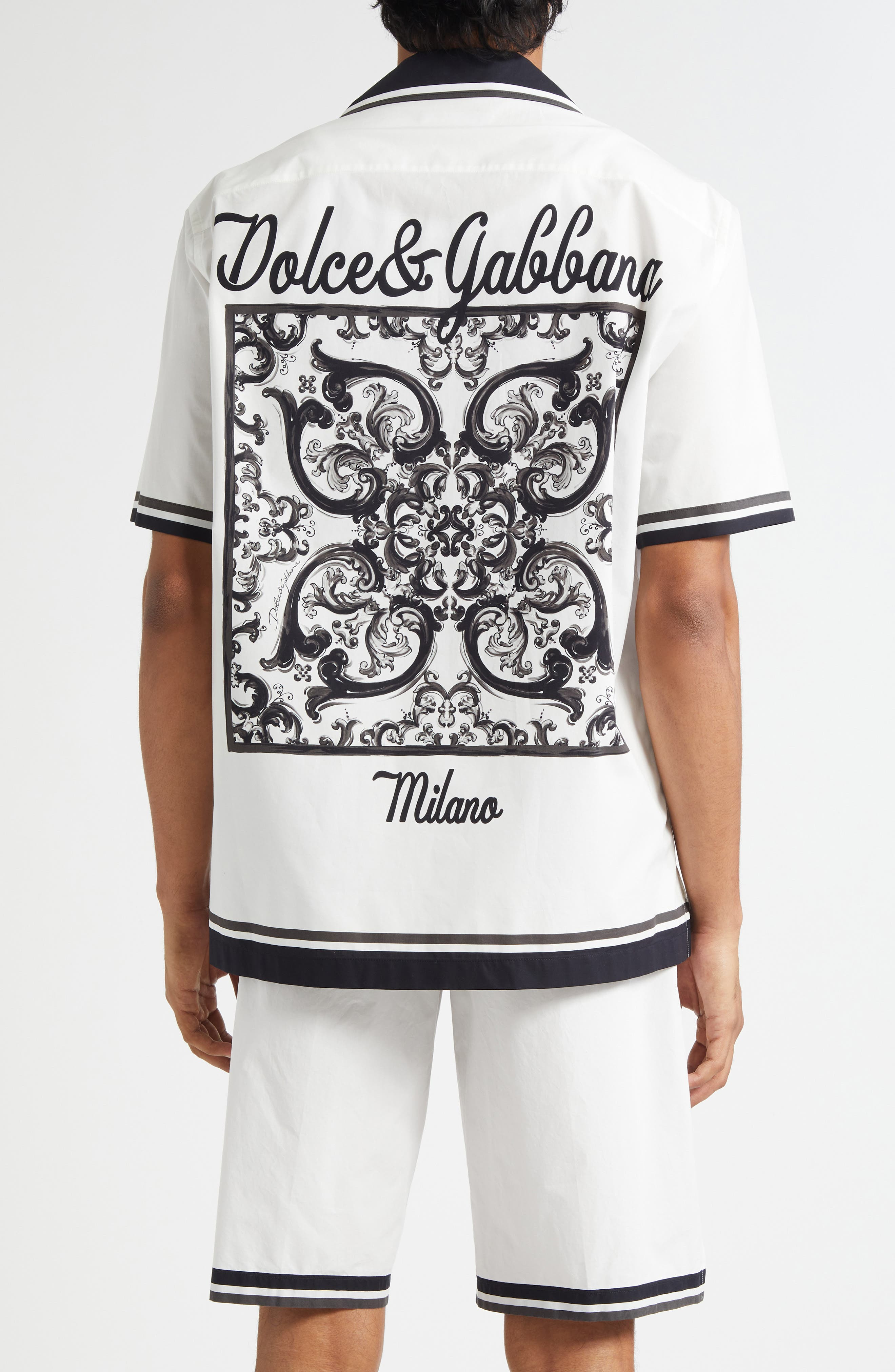 Dolce&Gabbana Majolica Print Cotton Poplin Camp Shirt in Hx5Dq Maiolica 3L Nero at Nordstrom - 3