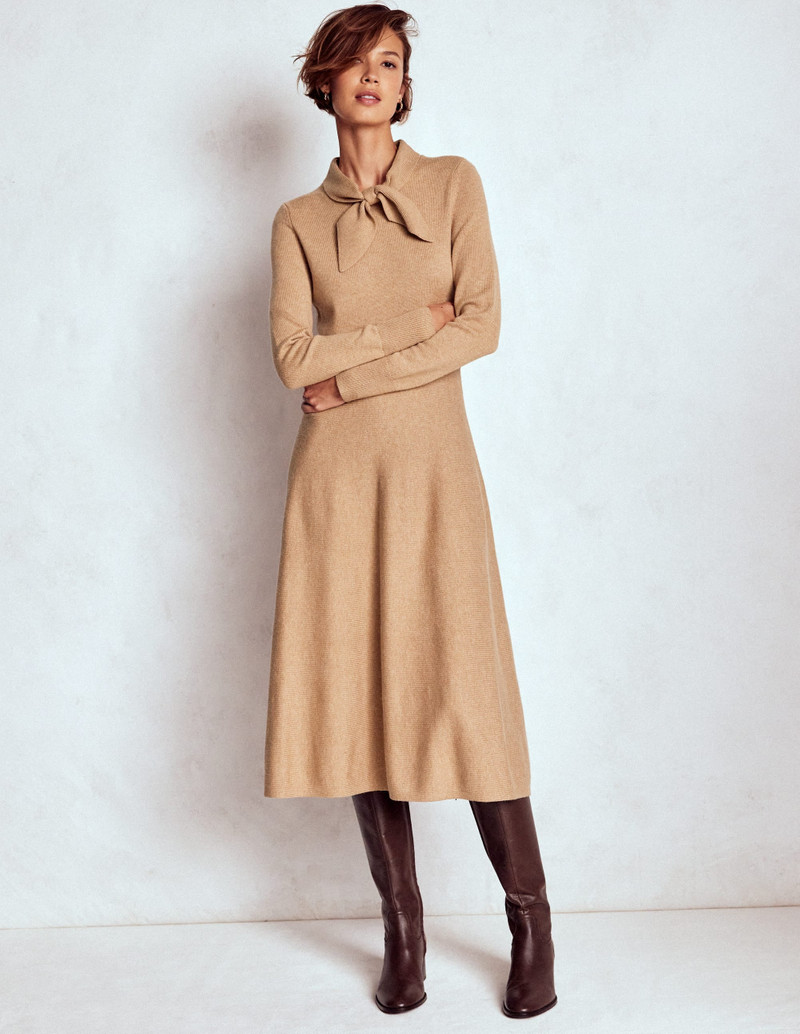 Knitted Bow Dress-Camel Melange 5