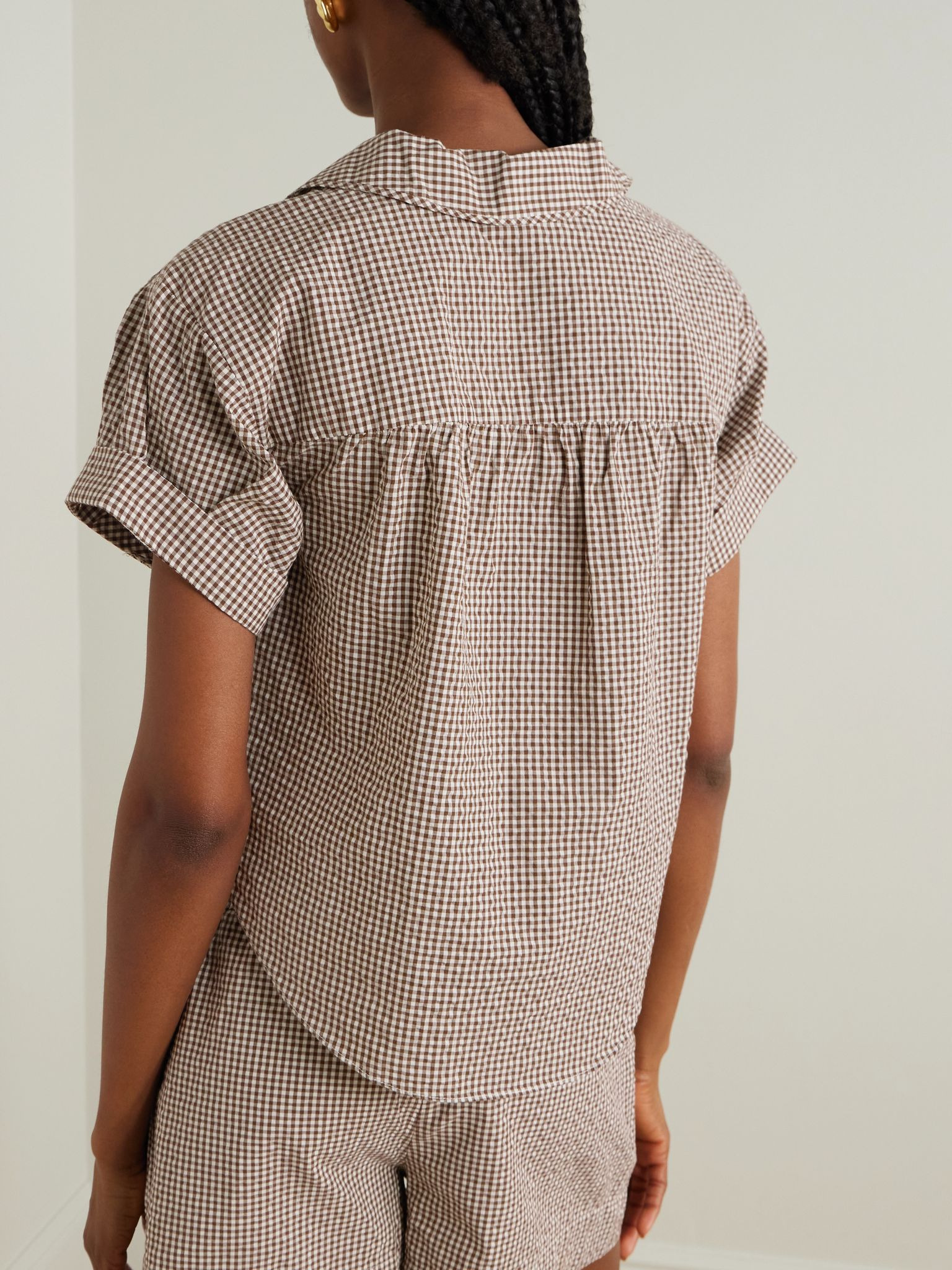 Ilene gingham cotton-blend blouse Taupe - 3