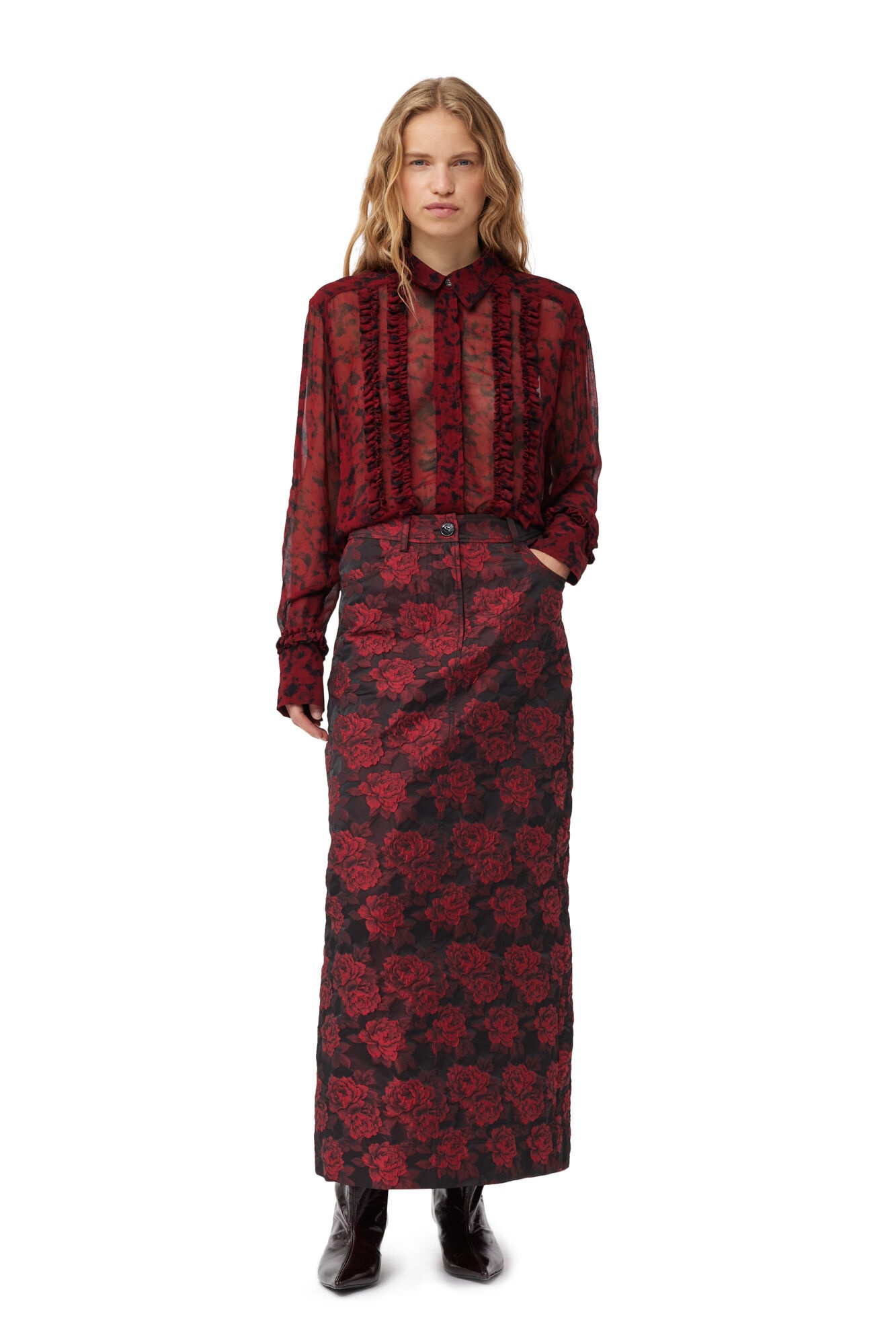 RED BOTANICAL JACQUARD LONG SKIRT - 2