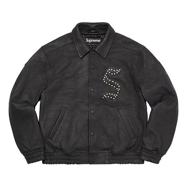 Supreme Pebbled Leather Varsity Jacket 'Black White' SUP-FW21-126 - 1