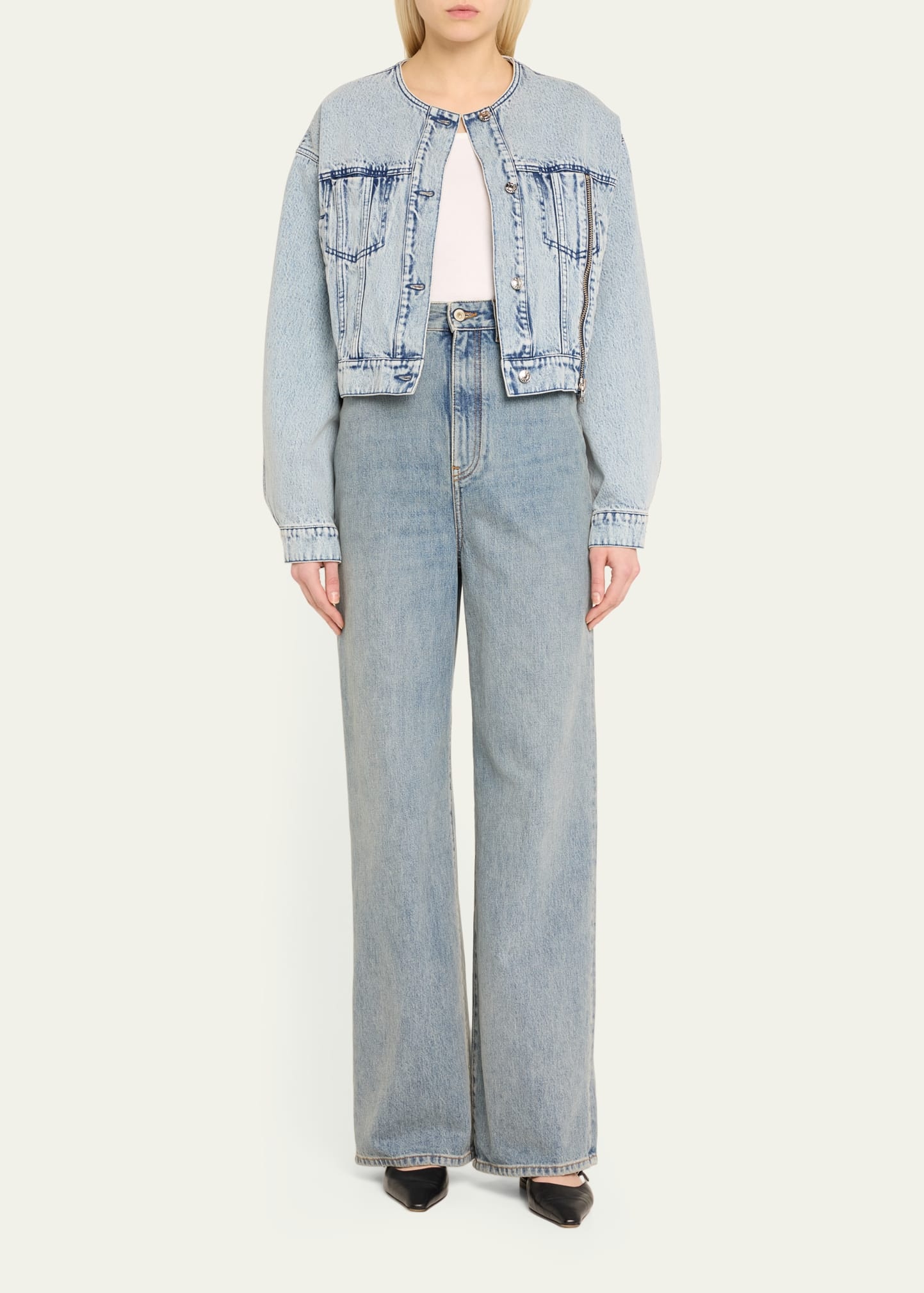 Collarless Denim Jacket - 2