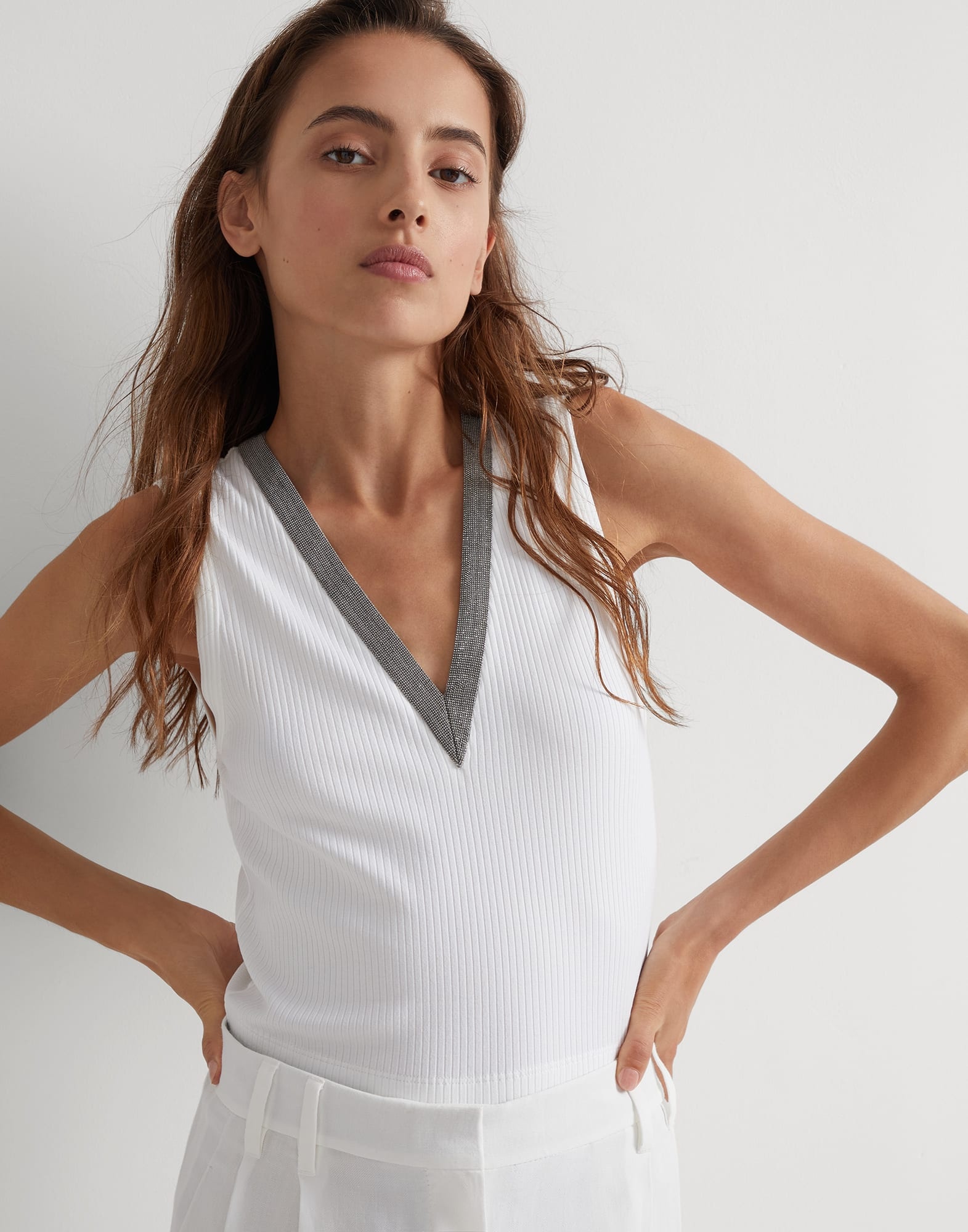 Stretch cotton ribbed jersey cropped top with precious neckline - 4