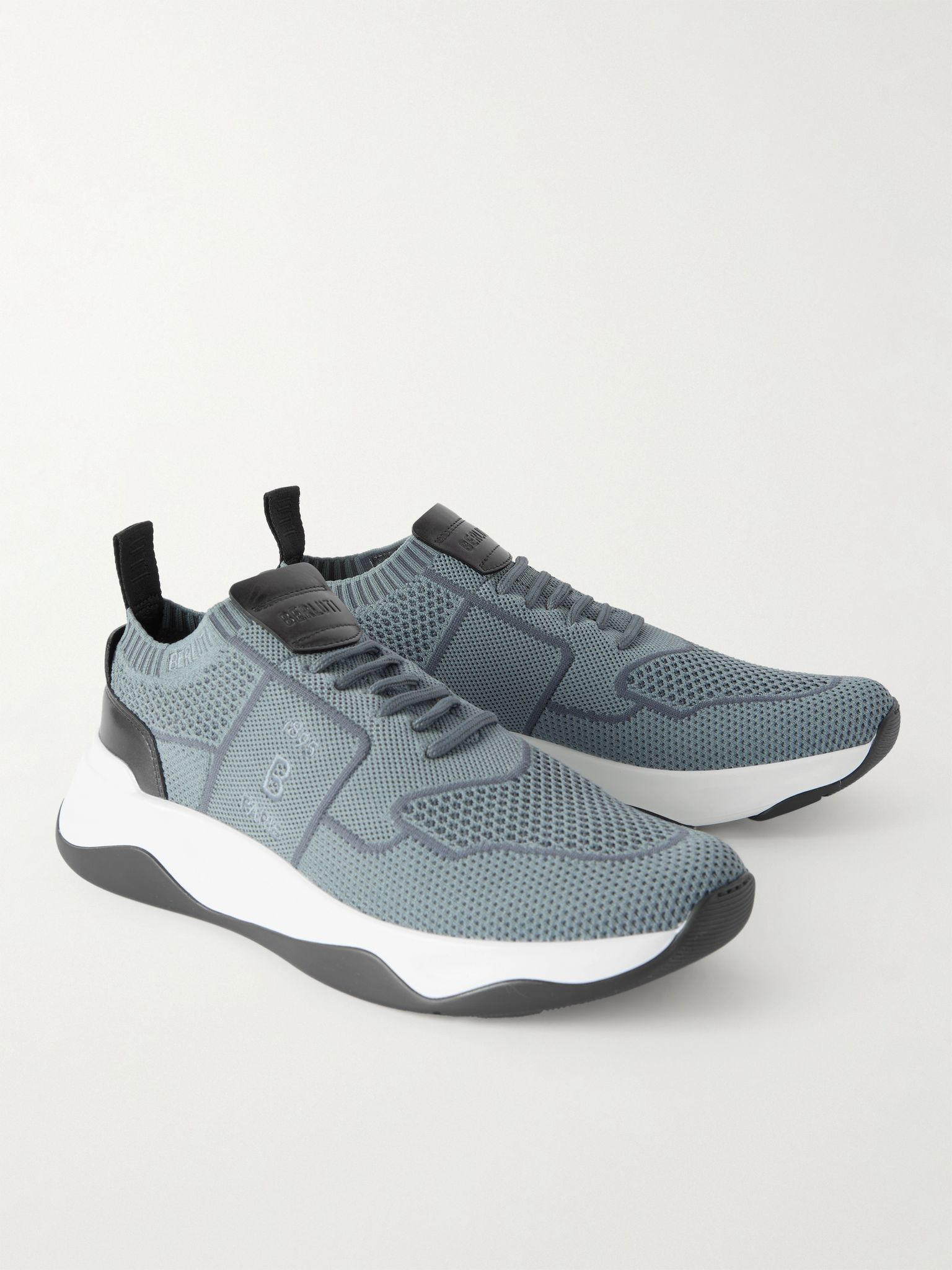 Shadow Leather-Trimmed Stretch-Knit Sneakers Gray - 4