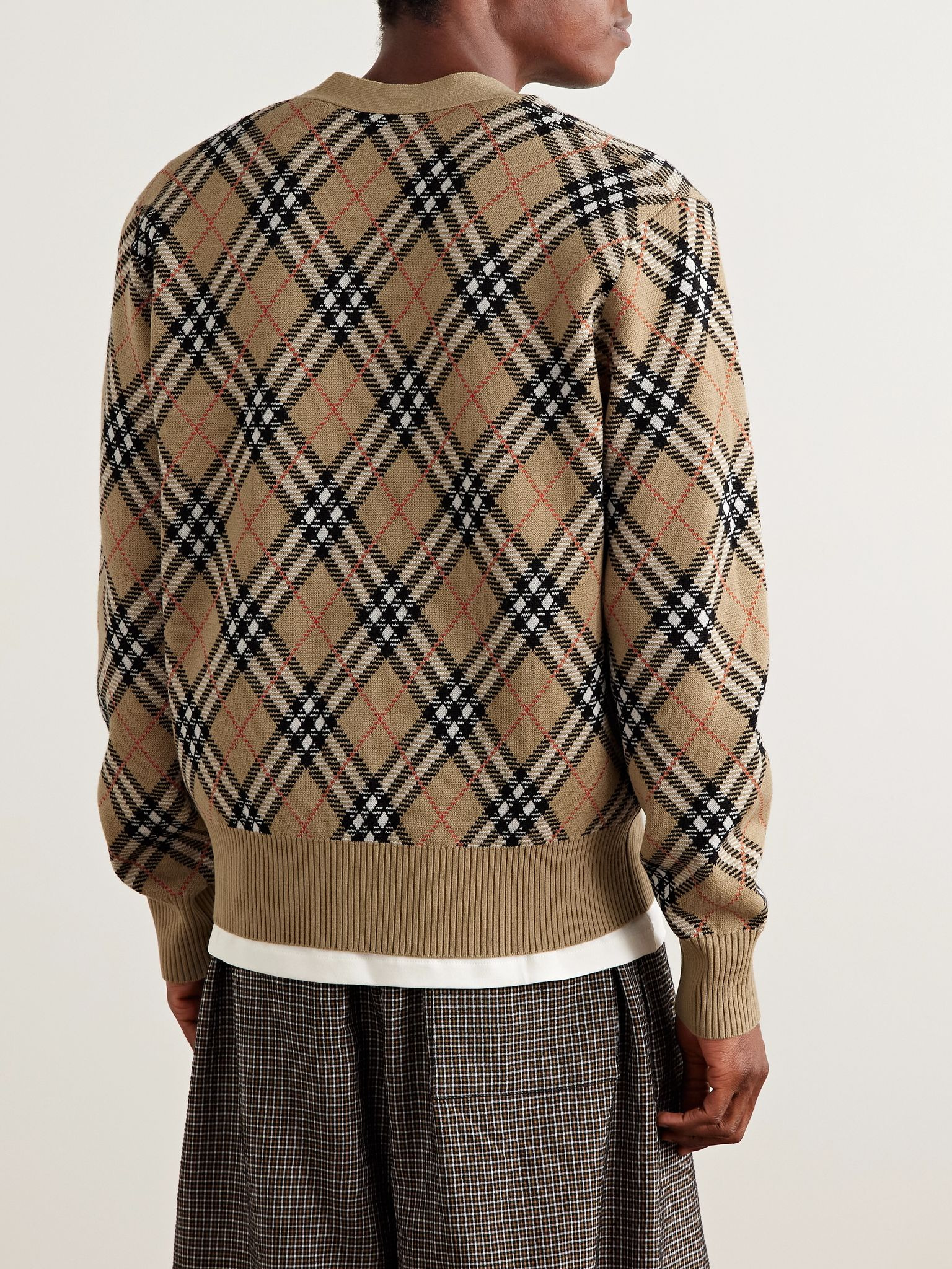 Checked Jacquard-Knit Wool-Blend Cardigan Sand - 3