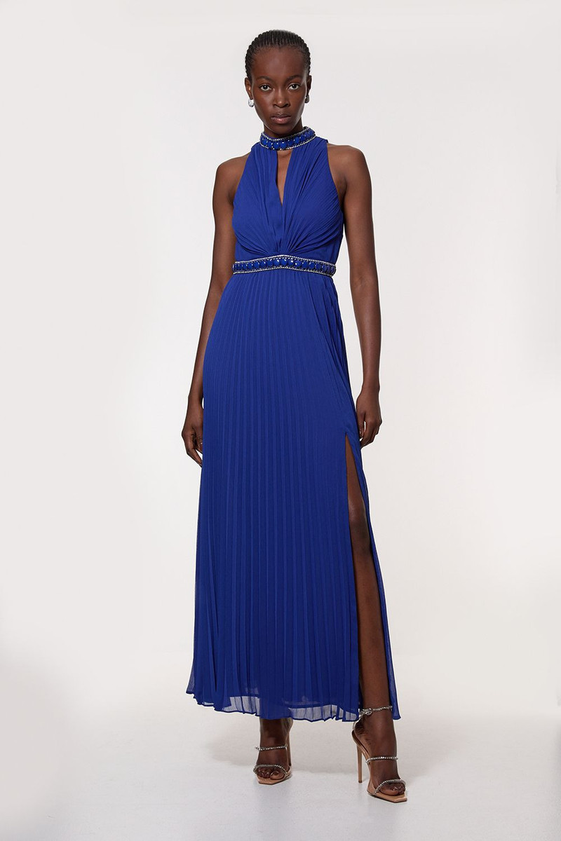 Petite Halter Diamante Enamel Trim Woven Pleated Split Maxi Dress 5