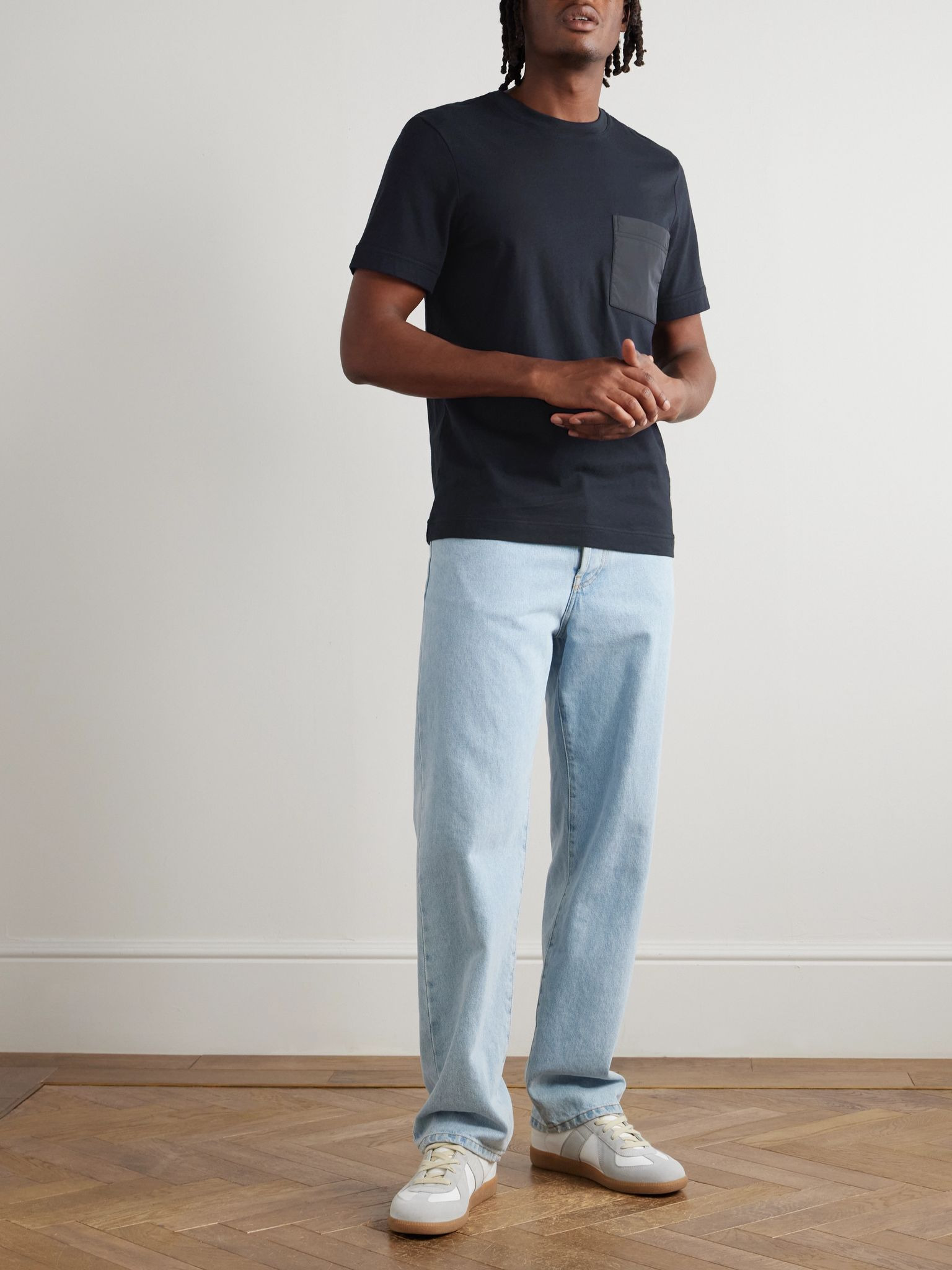 Logo-Appliquéd Shell-Trimmed Cotton and Cashmere-Blend Jersey T-Shirt Navy - 2