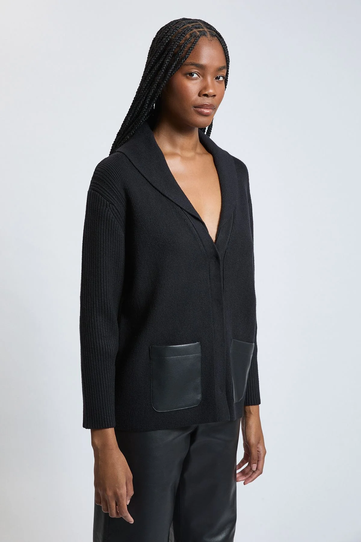 Knitted Cardigan With Pu Mixing - 1