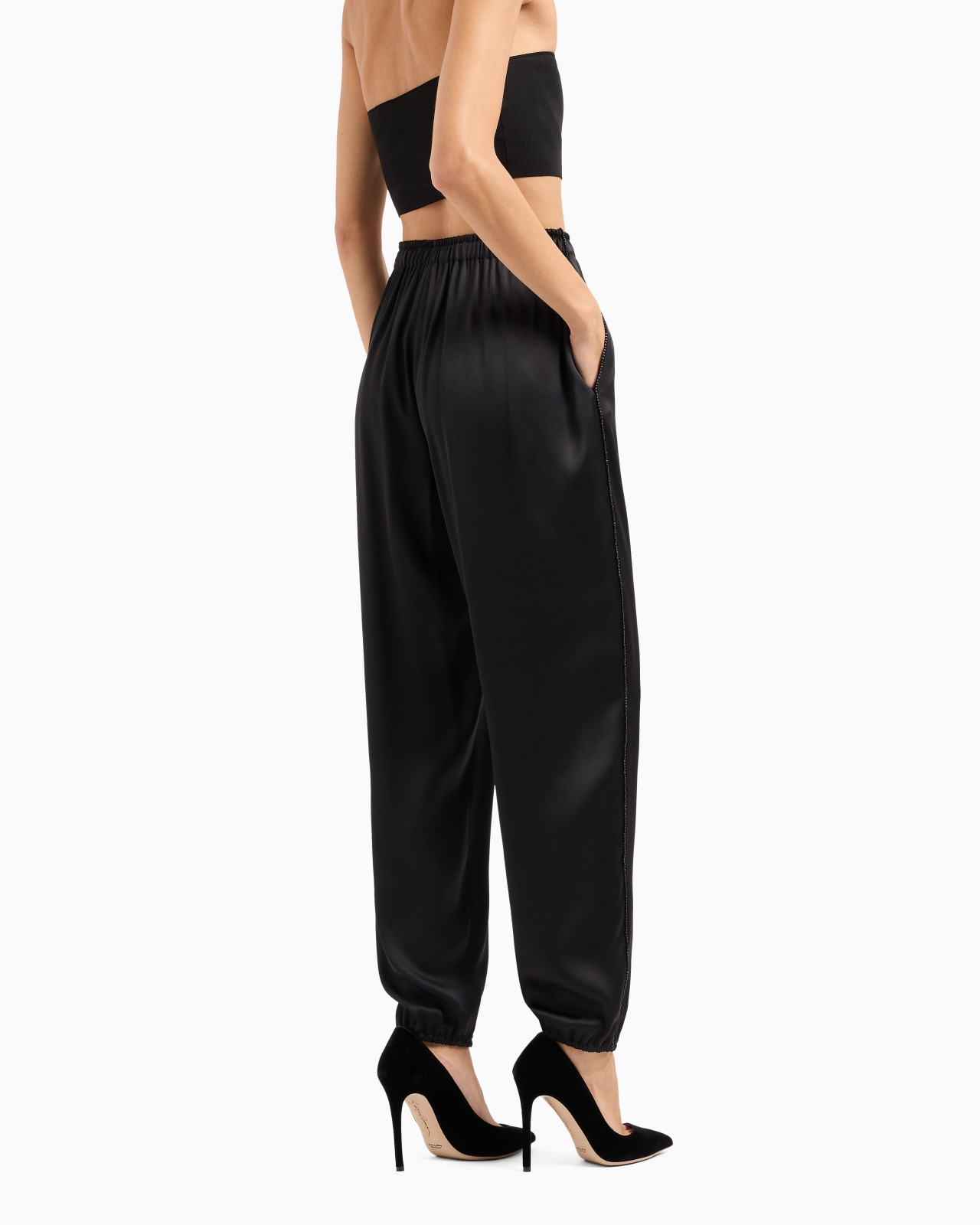 Straight-cut silk trousers with crystal piping - 3