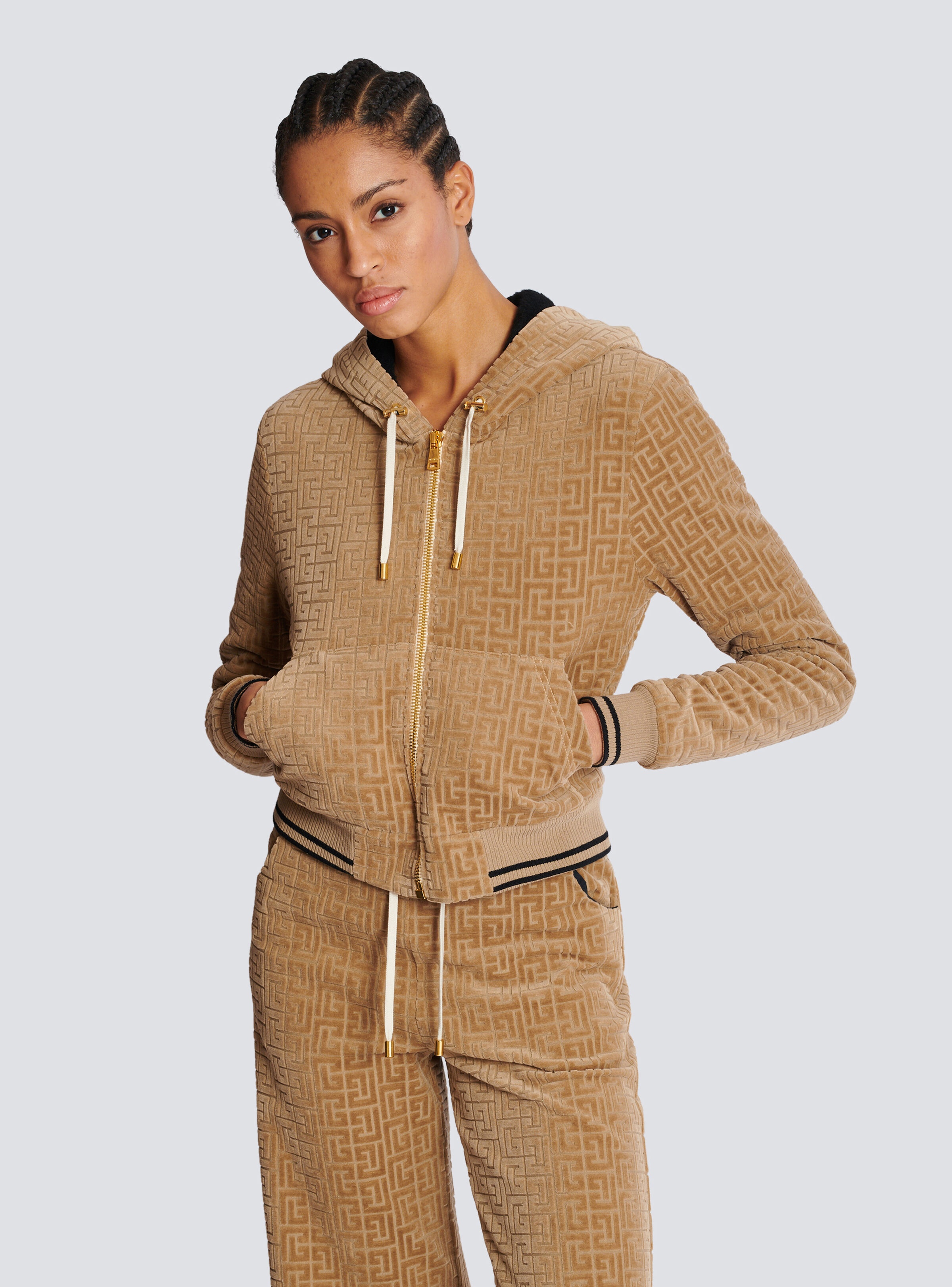Velvet hooded jacket with PB Labyrinth monogram - 6