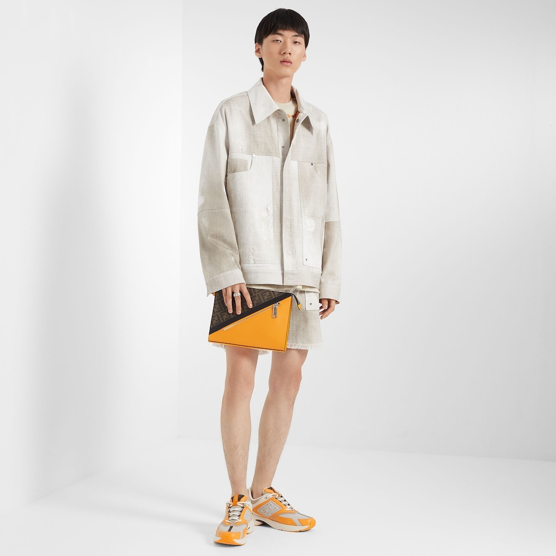 Fendi Faster sneakers made of orange nubuck leather with beige tech fabric details and 3D rubber FF  - 5