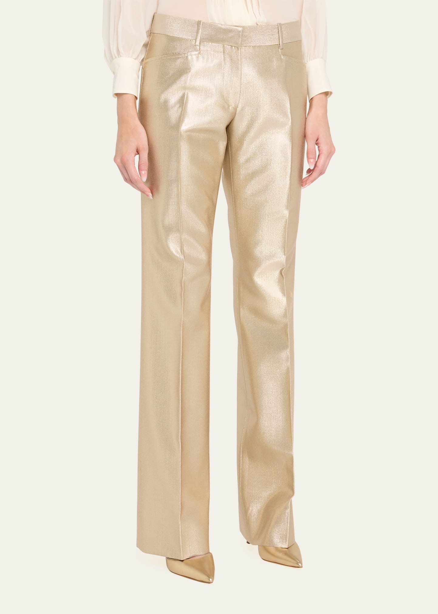 Metallic Low Waist Flare Wool Pants - 4