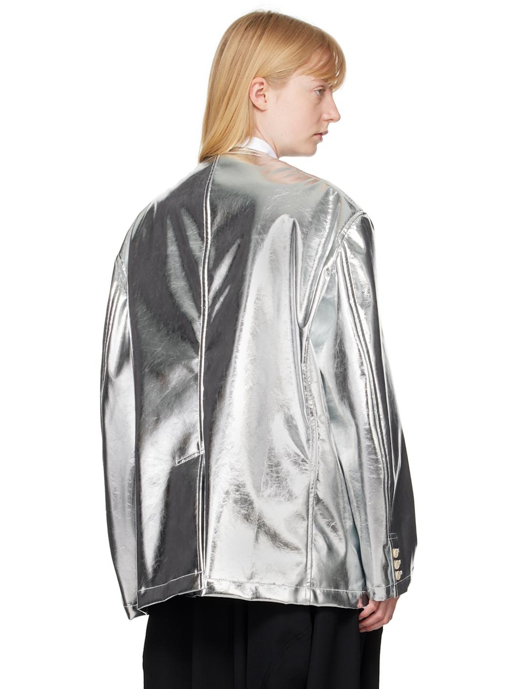 Silver Pocket Faux-Leather Blazer - 3
