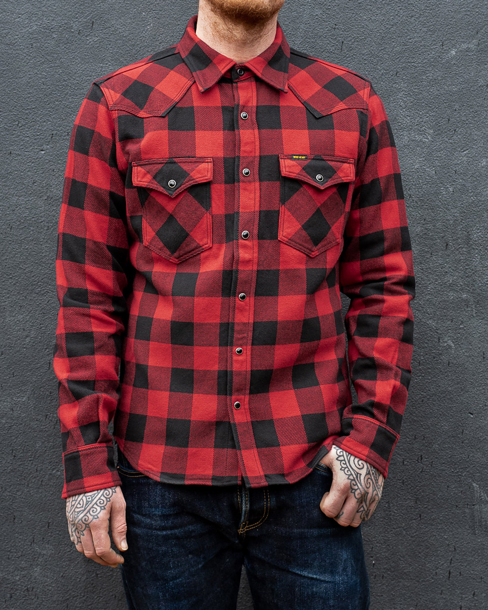 IHSH-232-RED Ultra Heavy Flannel Buffalo Check Western Shirt - Red/Black - 11