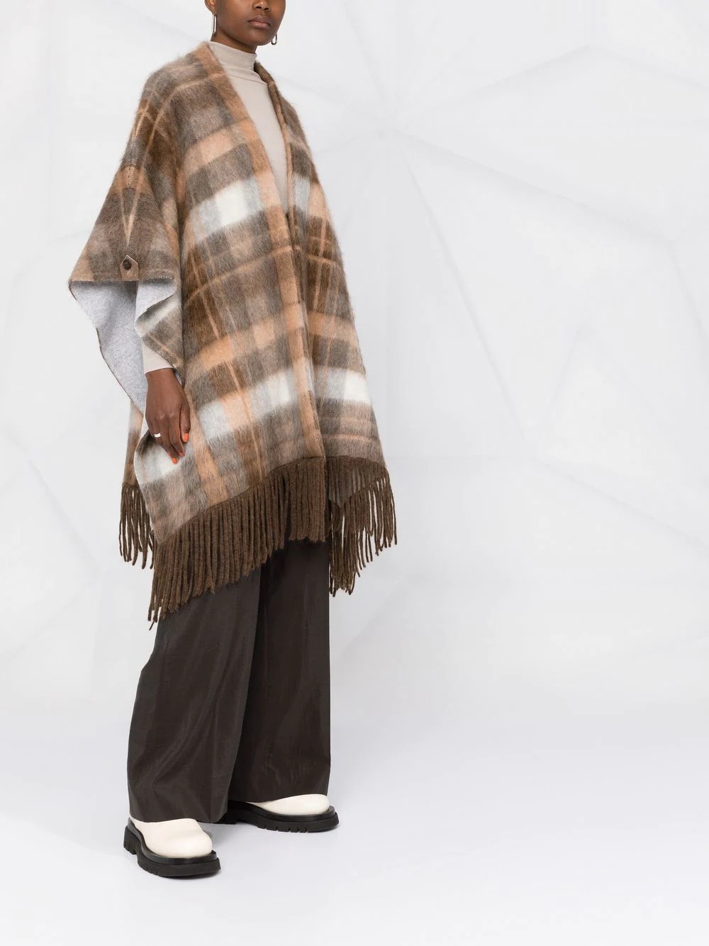 check-print frayed-edge cape - 4