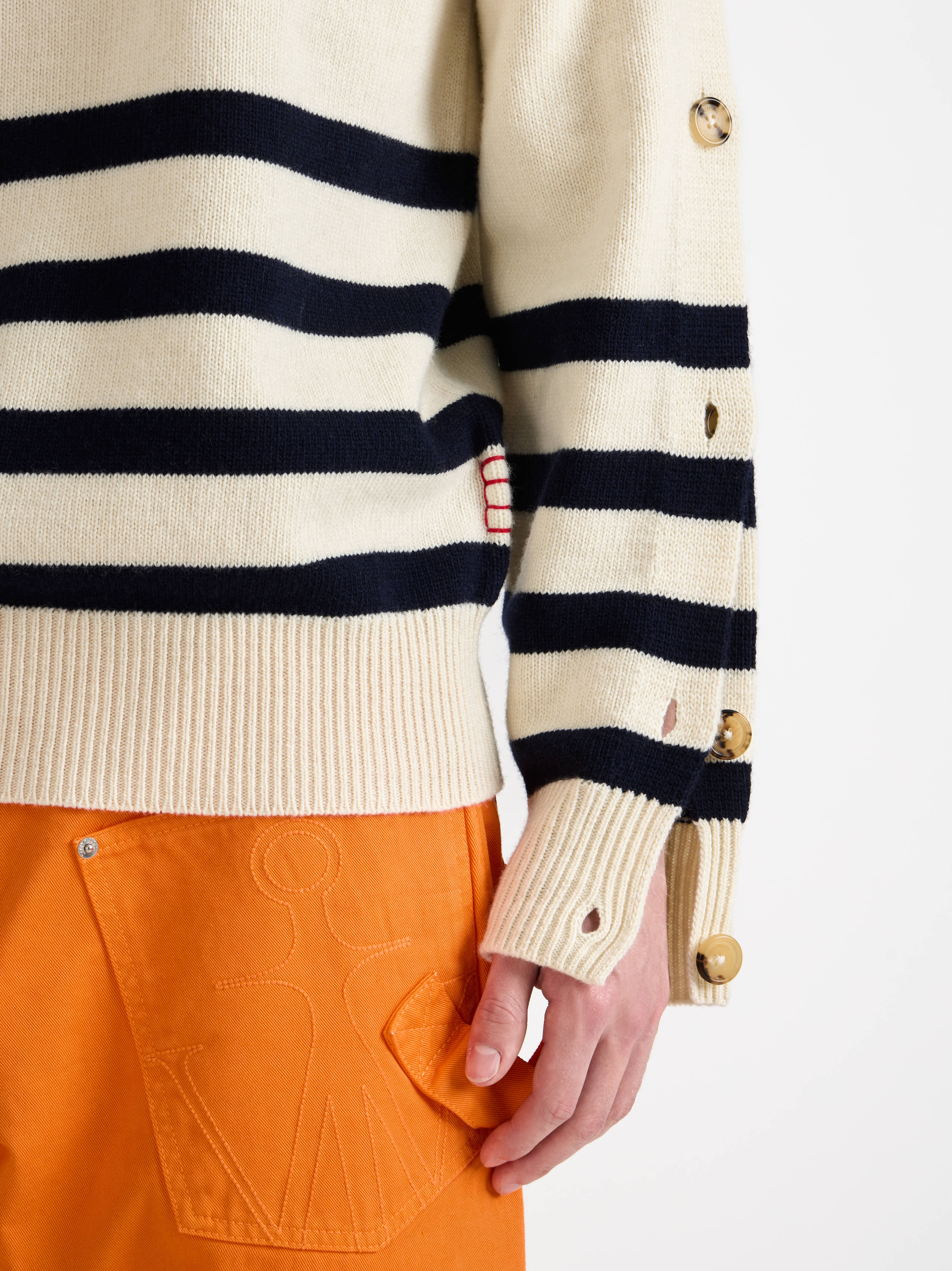 BUTTONED SLEEVE BRETON JUMPER IN IVORY - 8