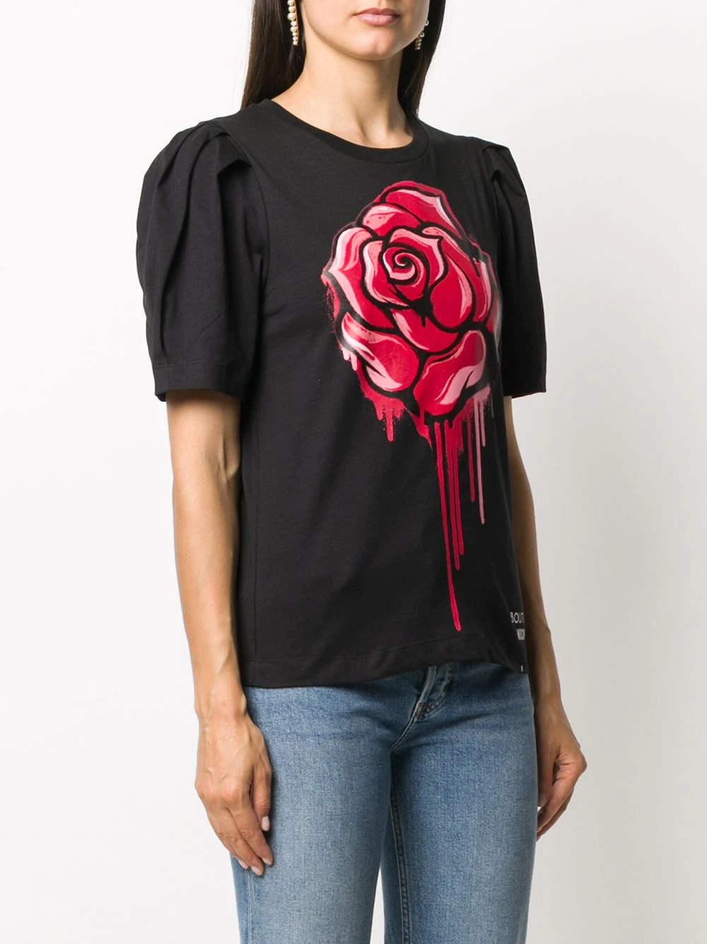 rose print puff sleeve T-shirt - 3