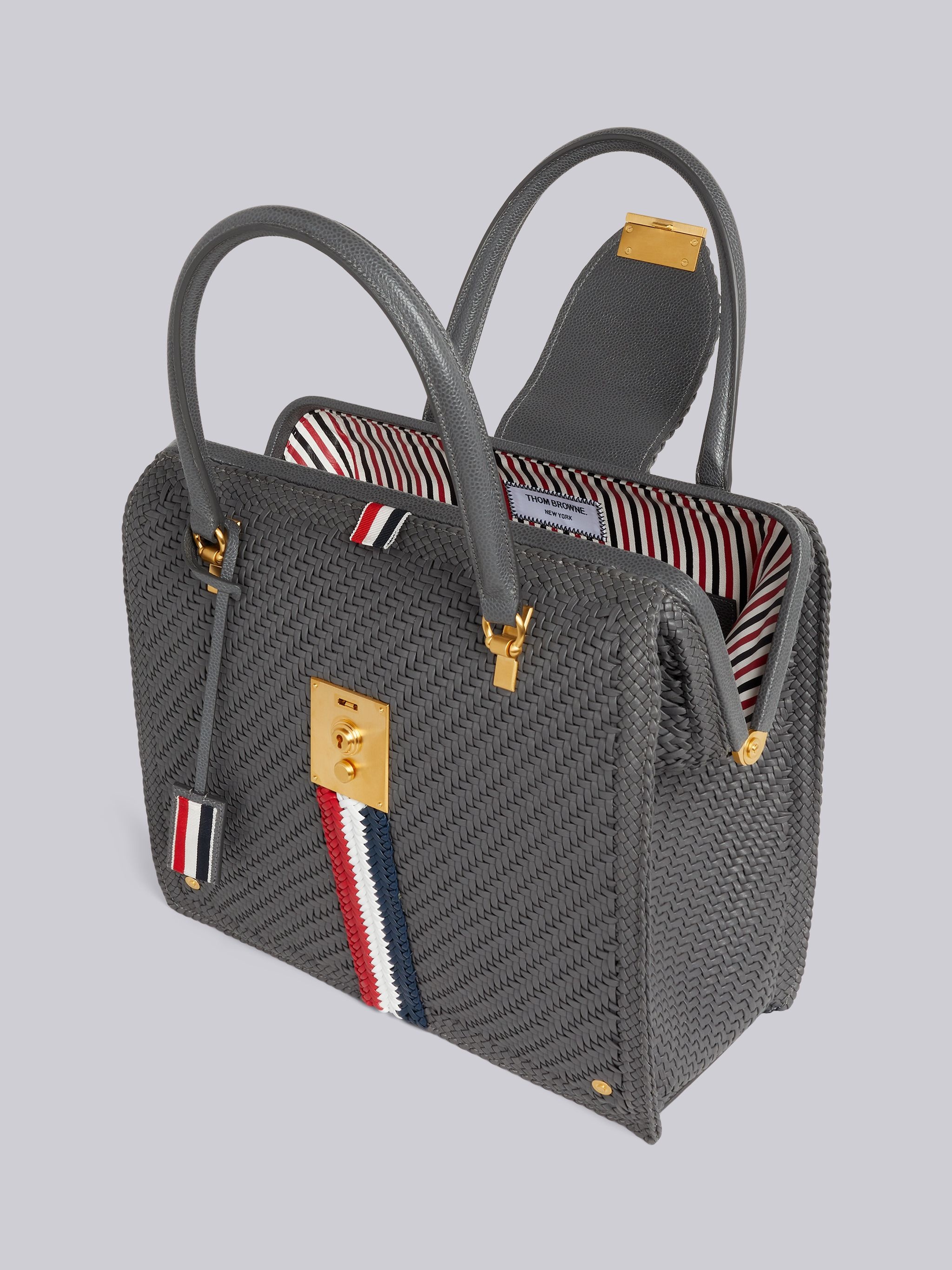 Dark Grey Woven Soft Calf Leather Braided Center Stripe Mrs. Thom Bag - 5