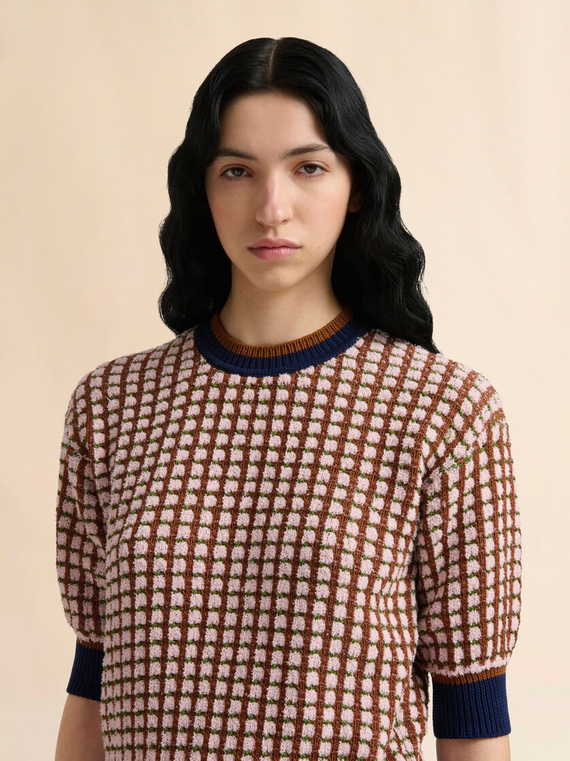 PINK AND BROWN BOUCLÉ TWEED-EFFECT SWEATER 5