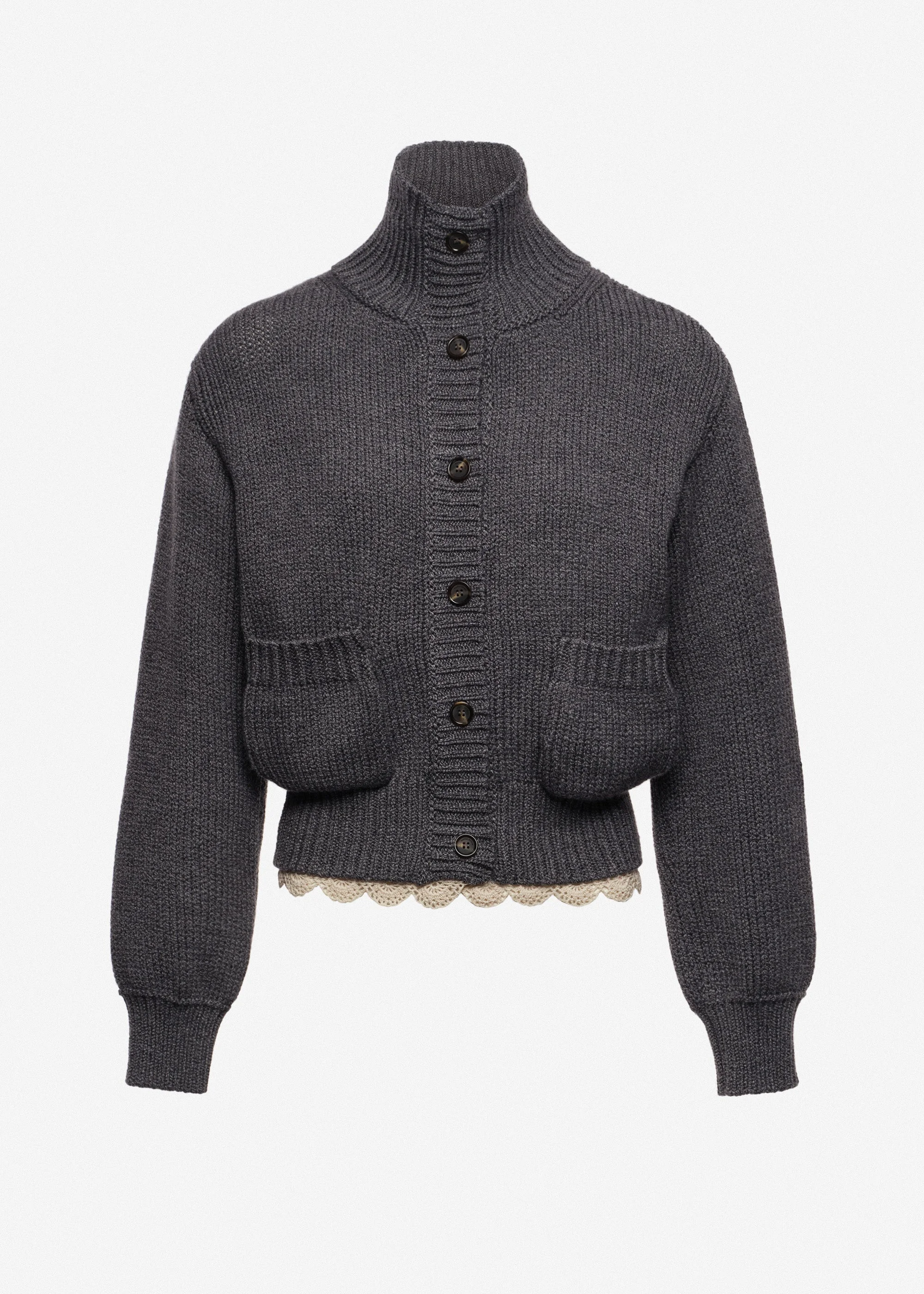 Cinched wool cardigan with high collar and lace trim in grey - 1