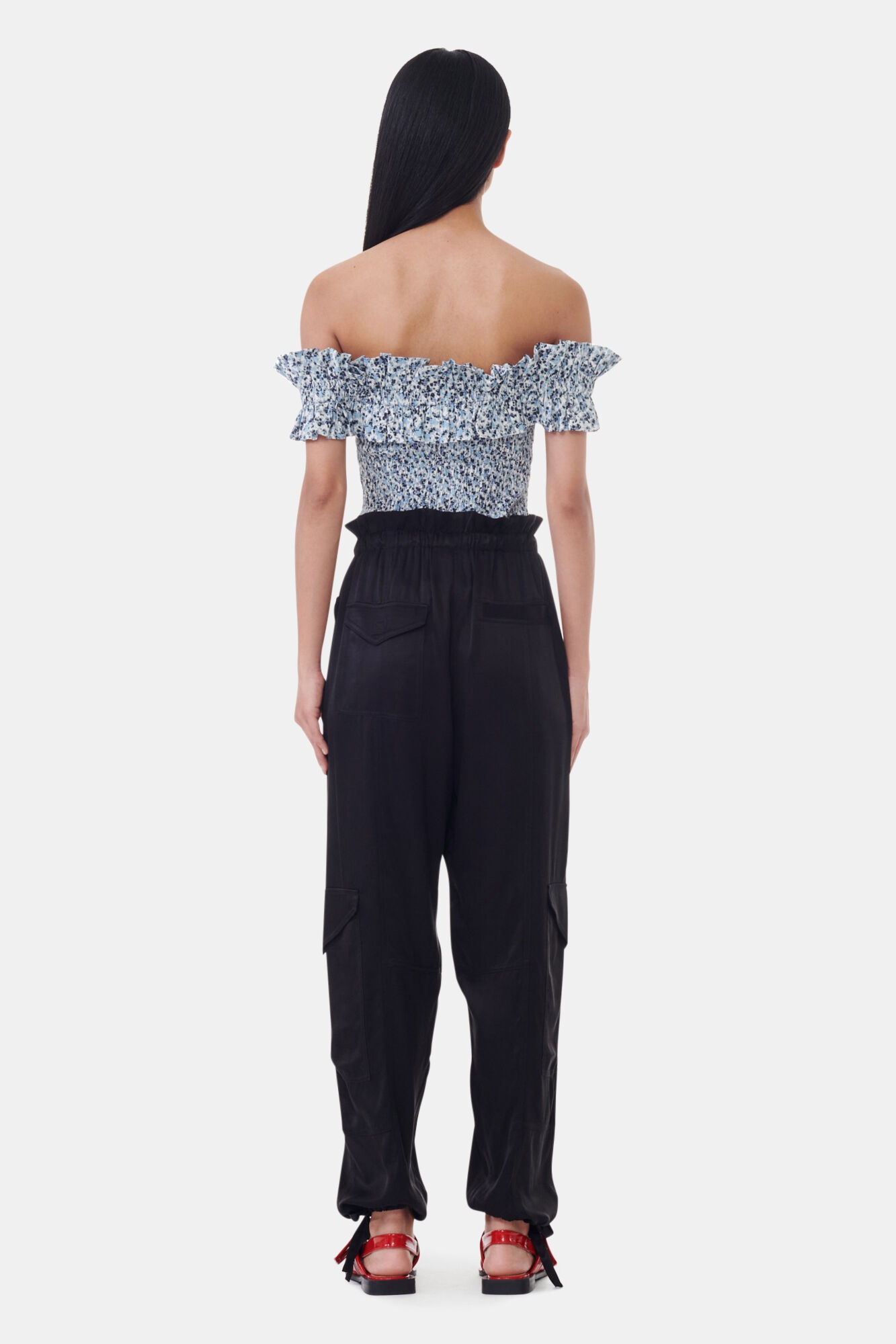 BLUE FLORAL PRINTED COTTON OFF-SHOULDER SMOCK TOP - 5