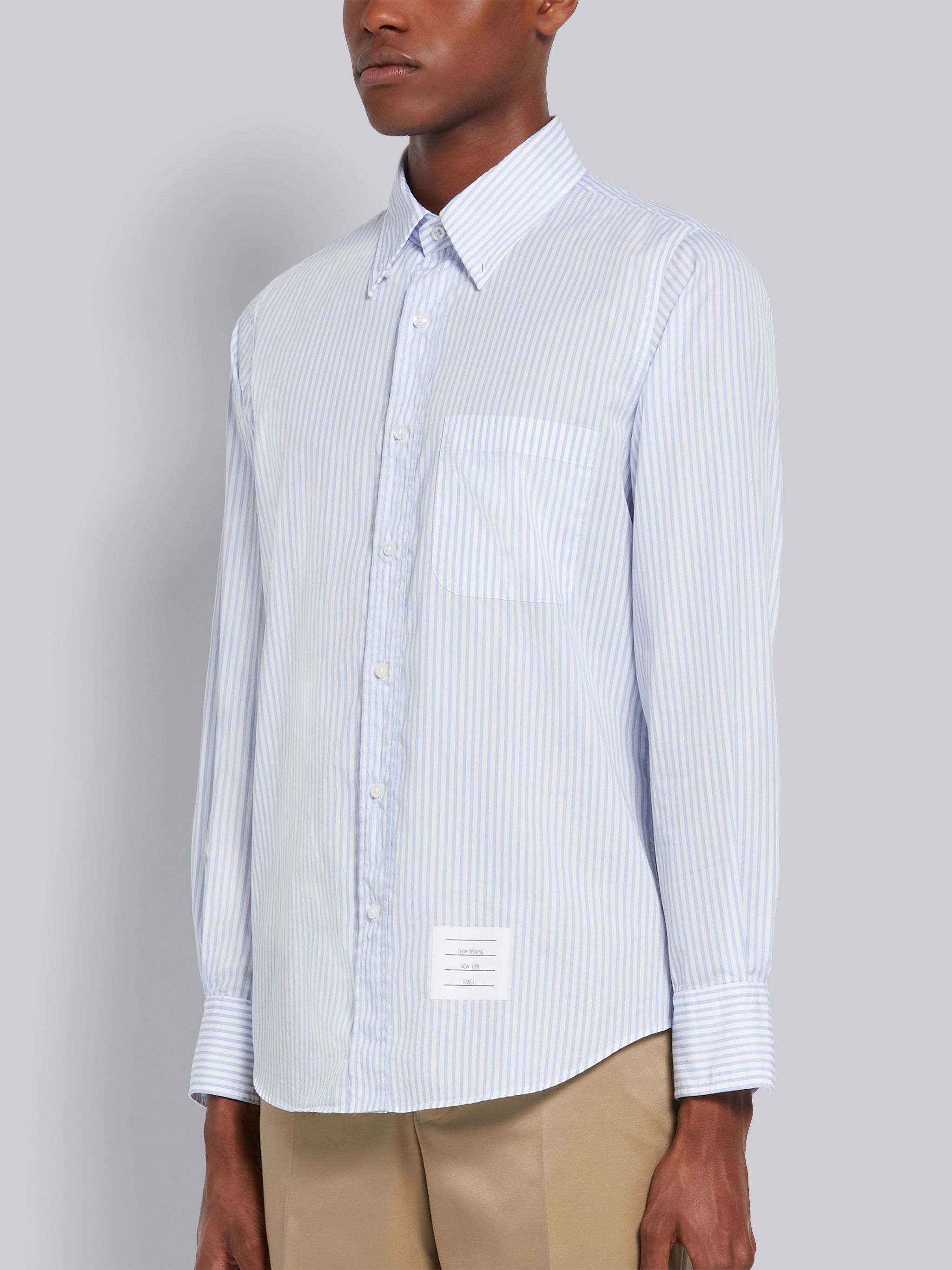 Light Blue Pinstripe Cotton Poplin Straight Fit Long Sleeve Shirt - 2