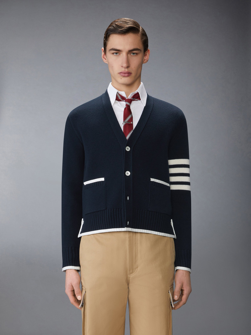 Thom Browne MILANO STITCH MERINO WOOL 4-BAR V NECK CARDIGAN outlook