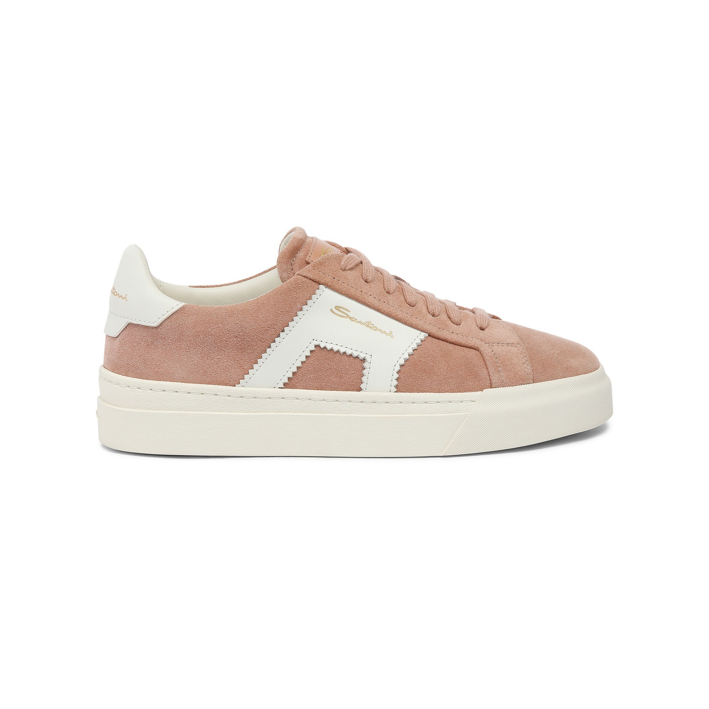 Women’s pink and white suede and leather double buckle sneaker - 1