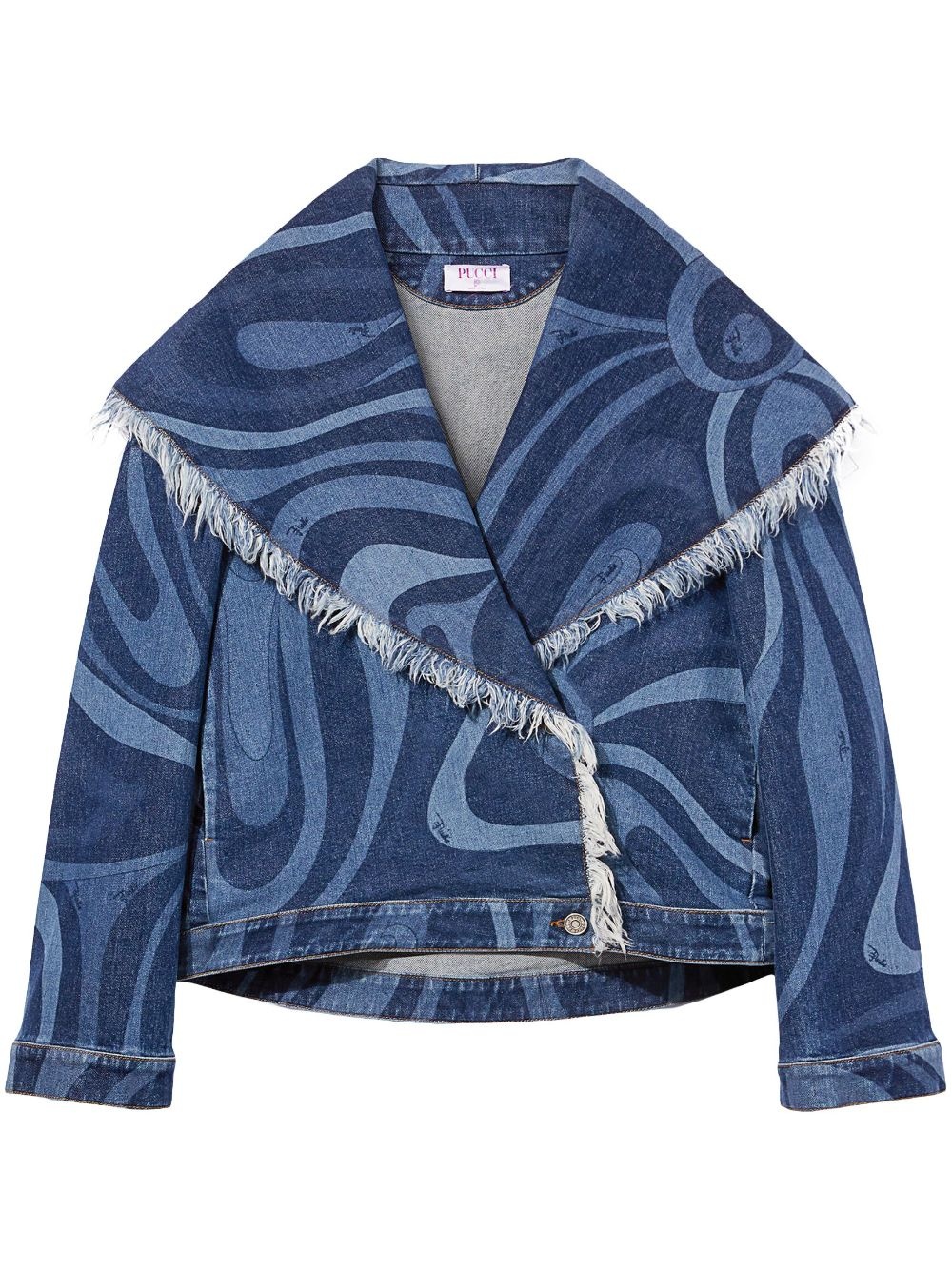 abstract-print frayed-edge denim jacket - 1