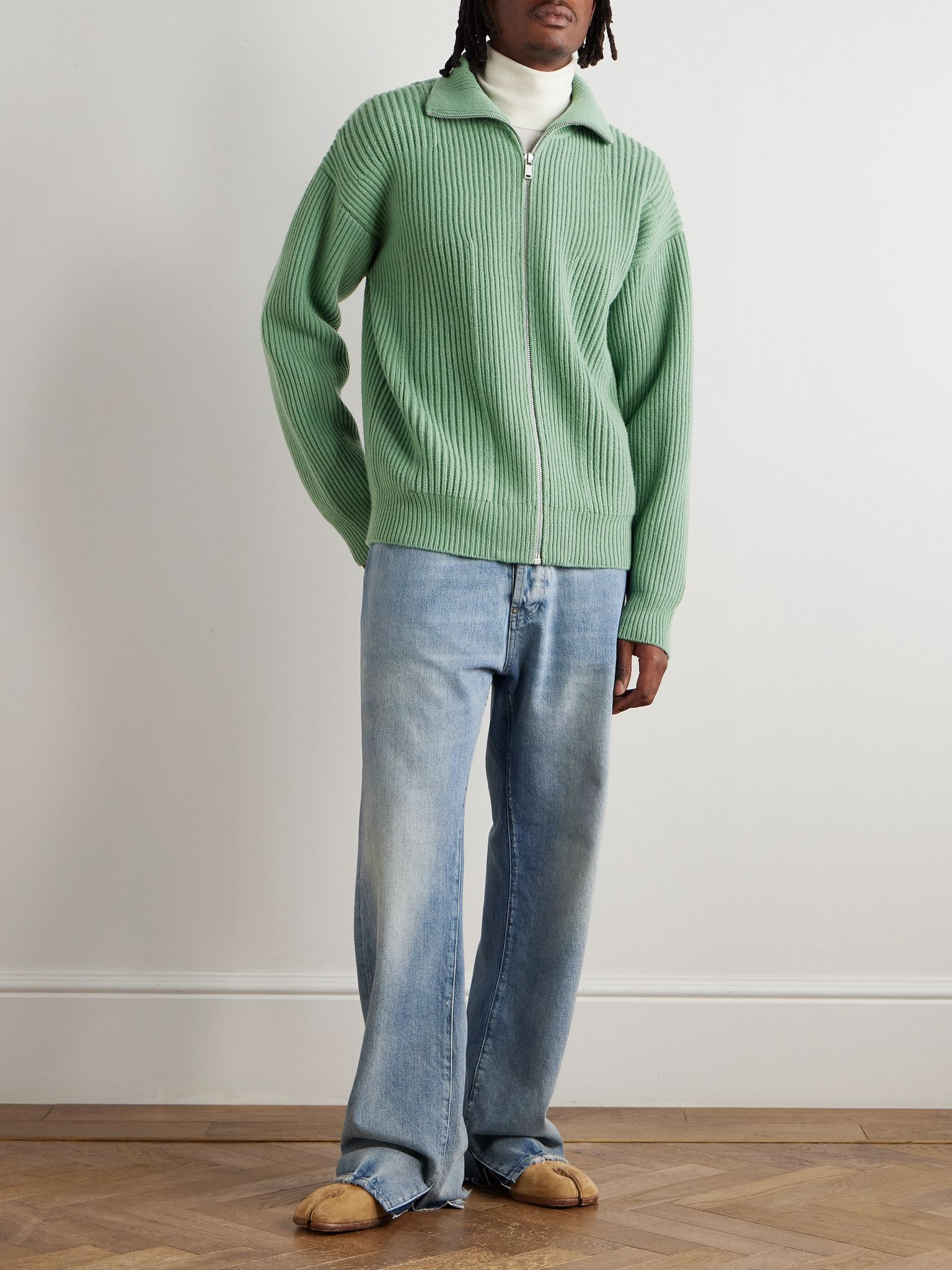 Ribbed Wool Zip-Up Cardigan Green - 2