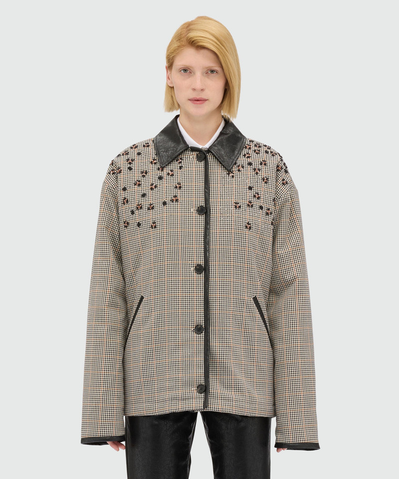 MSGM Ivory micro-check jacket with floral embroidery outlook