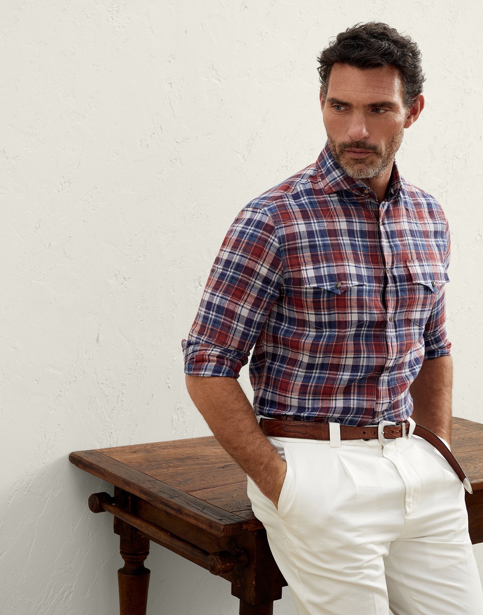 Linen madras easy fit western shirt - 4